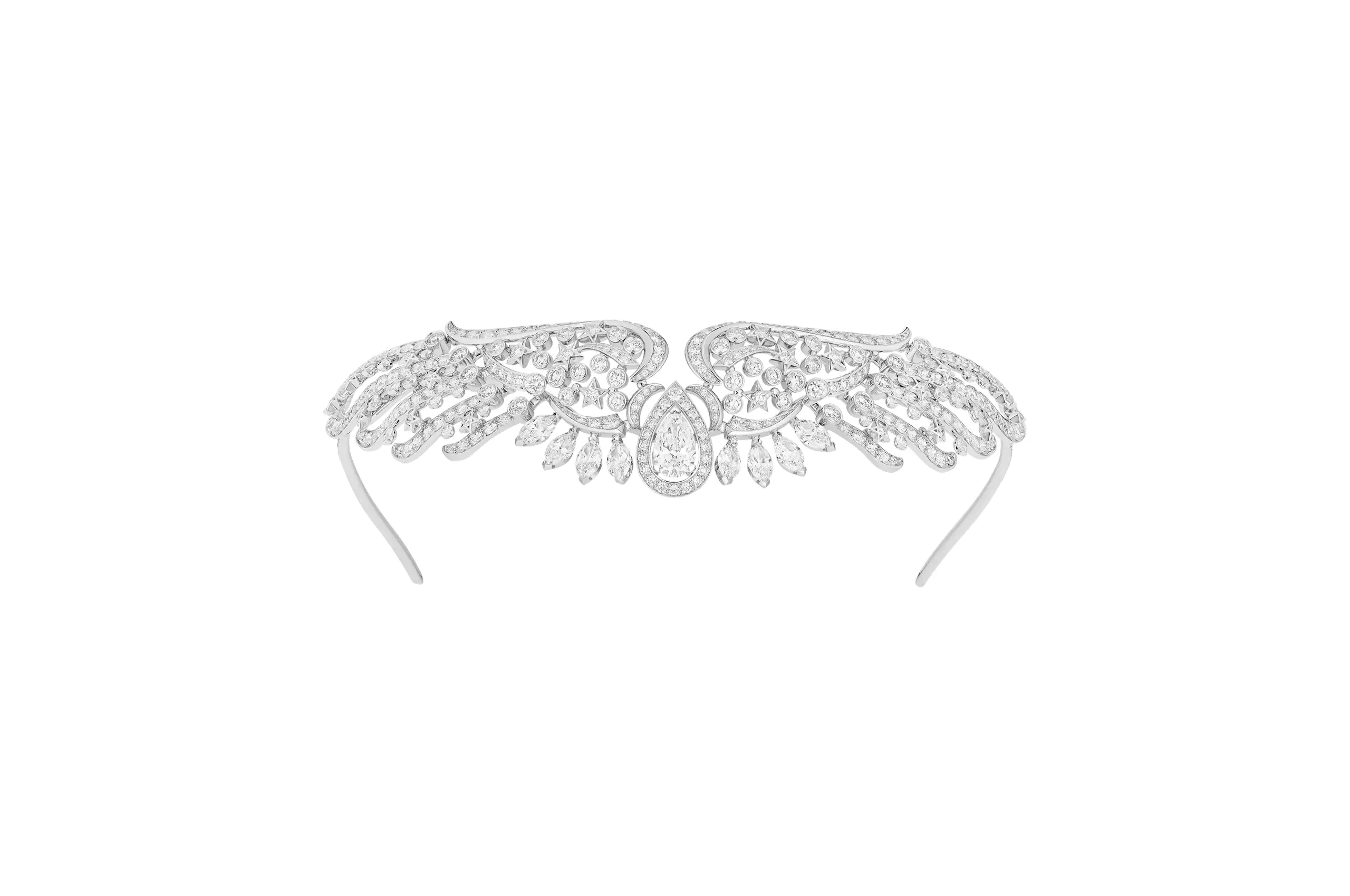 Chanel Full Swing head jewel with natural polished diamonds, including a 3.08 carat pear-shaped diamond, in white gold from the Reach for the Stars High Jewellery collection