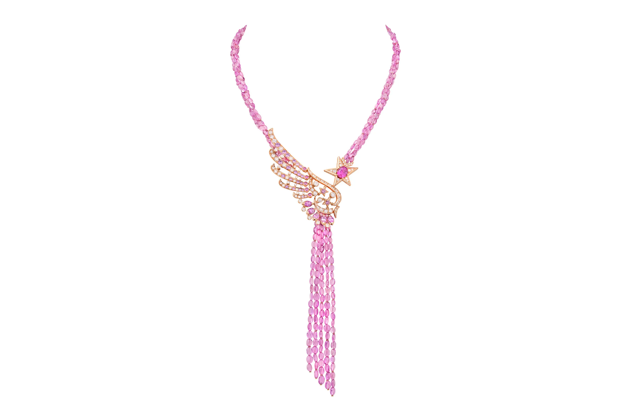 Chanel Pink Hour necklace with an oval-cut pink sapphire of 2.29 carats, further pink sapphires, natural polished diamonds and pink sapphire beads in pink gold from the Reach for the Stars High Jewellery collection 