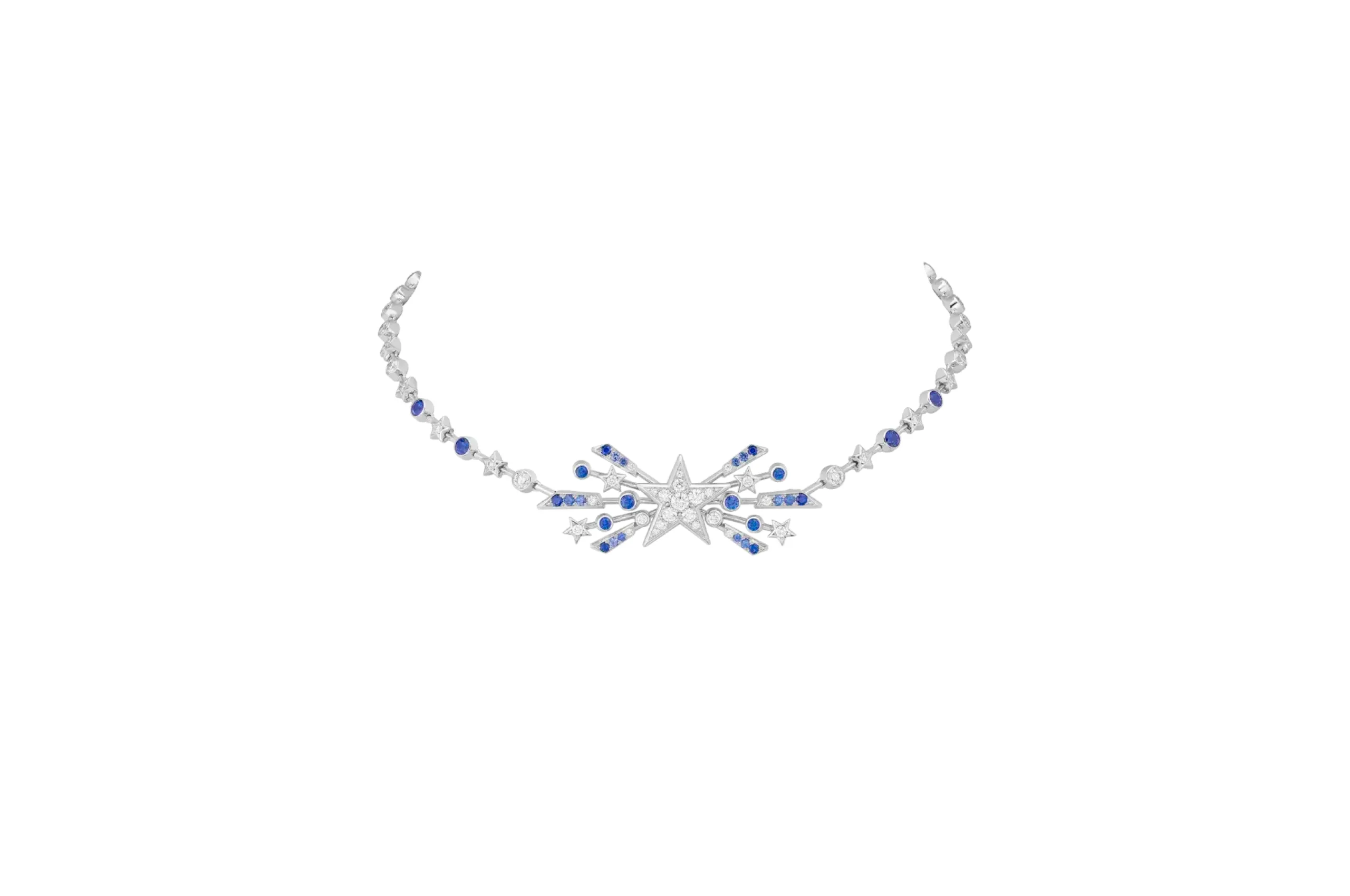 Chanel Rise and Shine necklace with natural polished diamonds and sapphires in white gold from the Reach for the Stars High Jewellery collection 