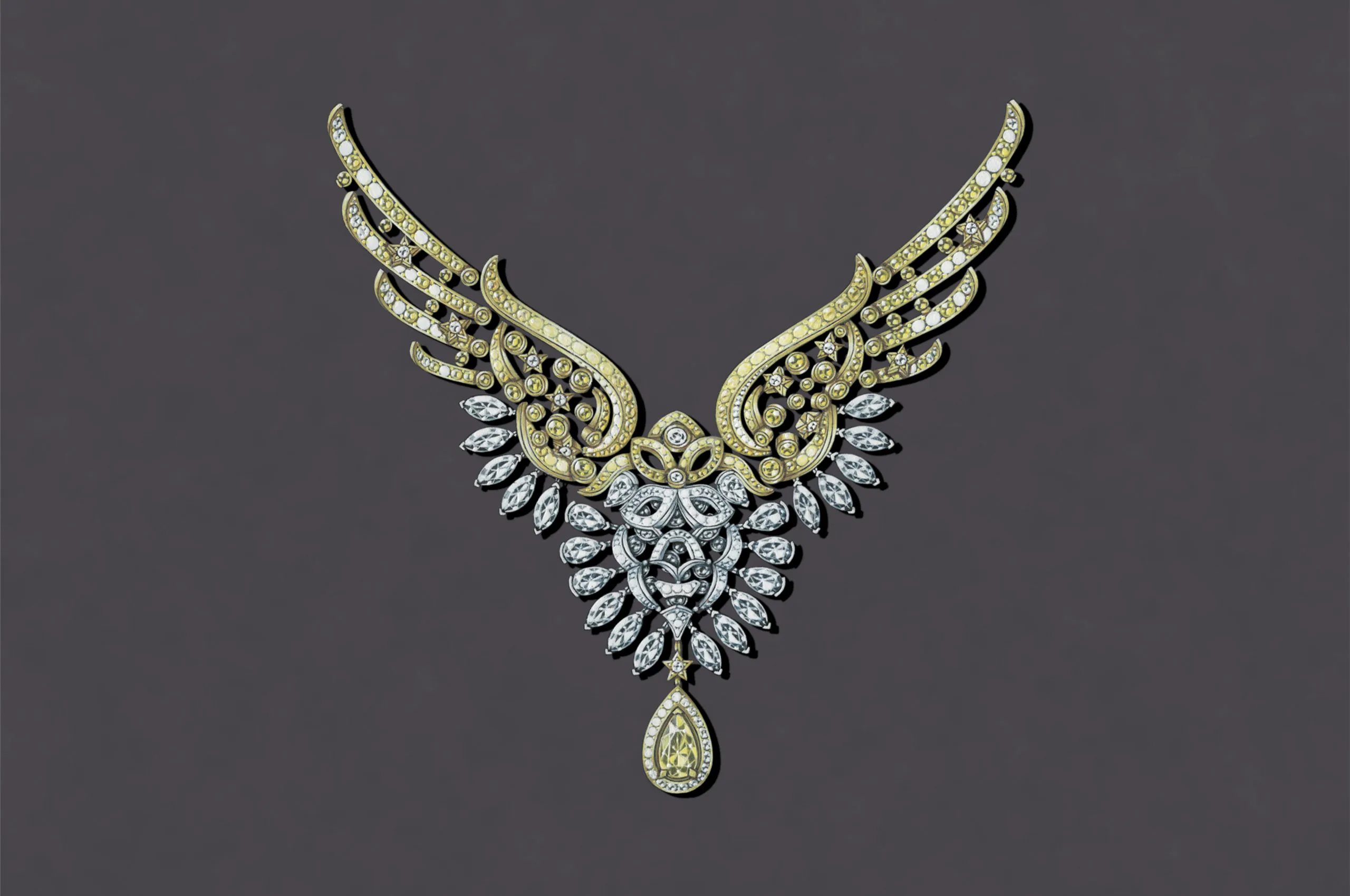 Chanel Sky is the Limit brooch with a 2.03 carat fancy vivid yellow pear-shaped diamond, further natural polished diamonds and yellow diamonds in white gold, yellow gold and platinum from the Reach for the Stars High Jewellery collection 