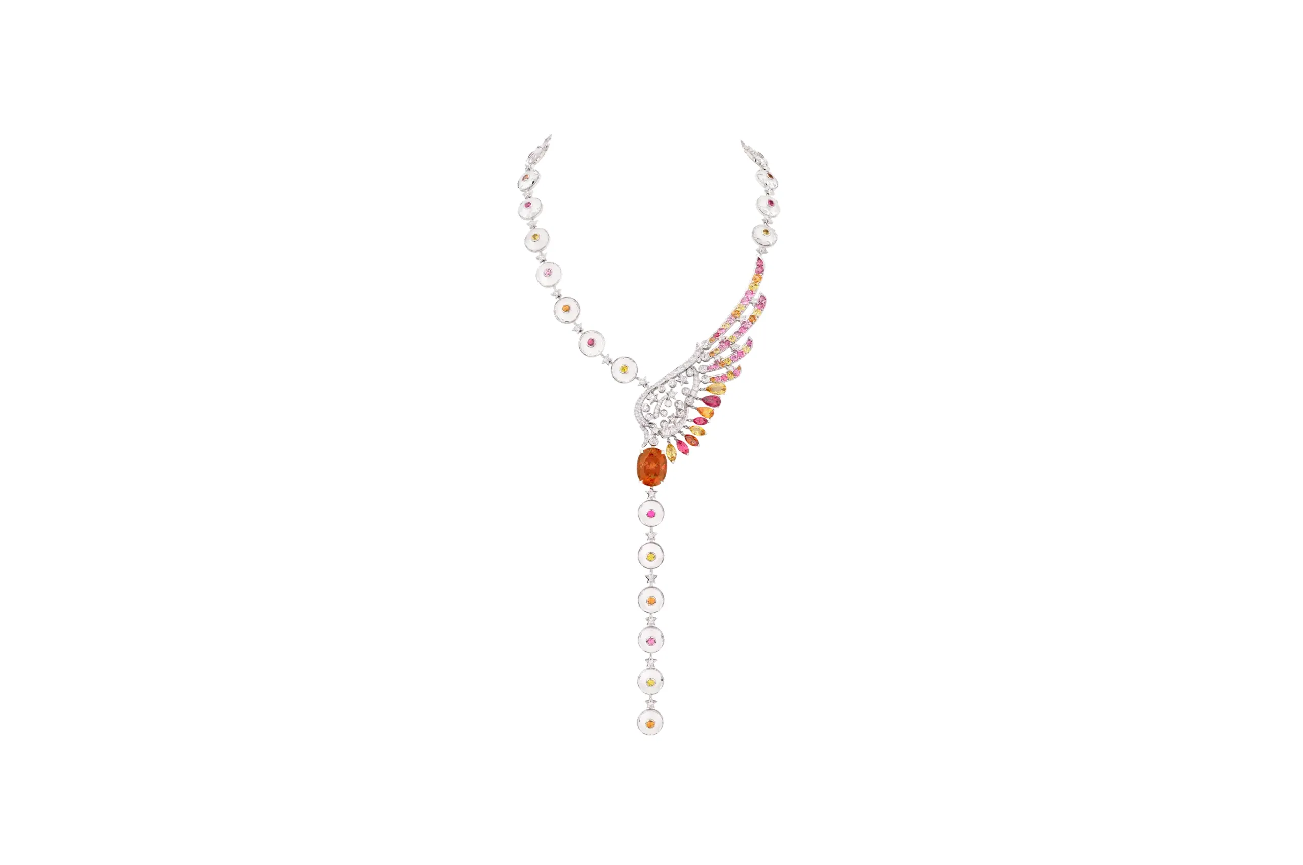Chanel Sunny Days necklace with an oval-cut imperial topaz of 20.64 carats alongside natural polished diamonds, garnets, sapphires, spinel and rock crystal in white gold from the Reach for the Stars High Jewellery collection 