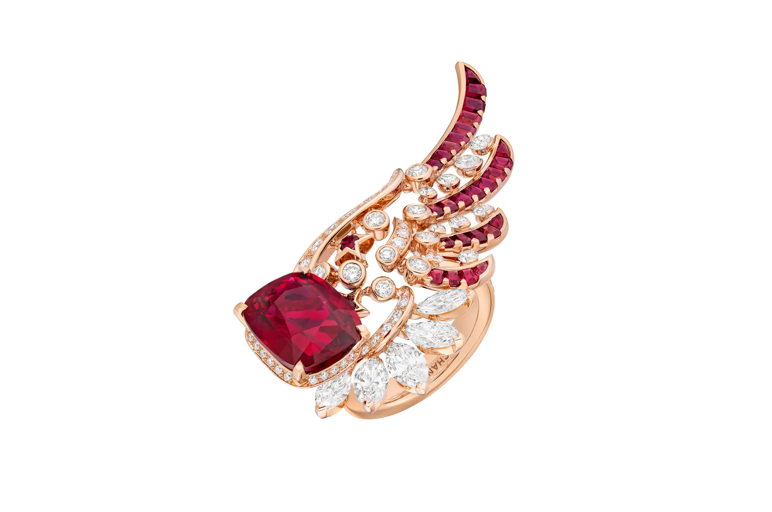Chanel Wild at Heart ring with an 8.44 carat cushion-cut ruby, further rubies and natural polished diamonds in pink gold from the Reach for the Stars High Jewellery collection