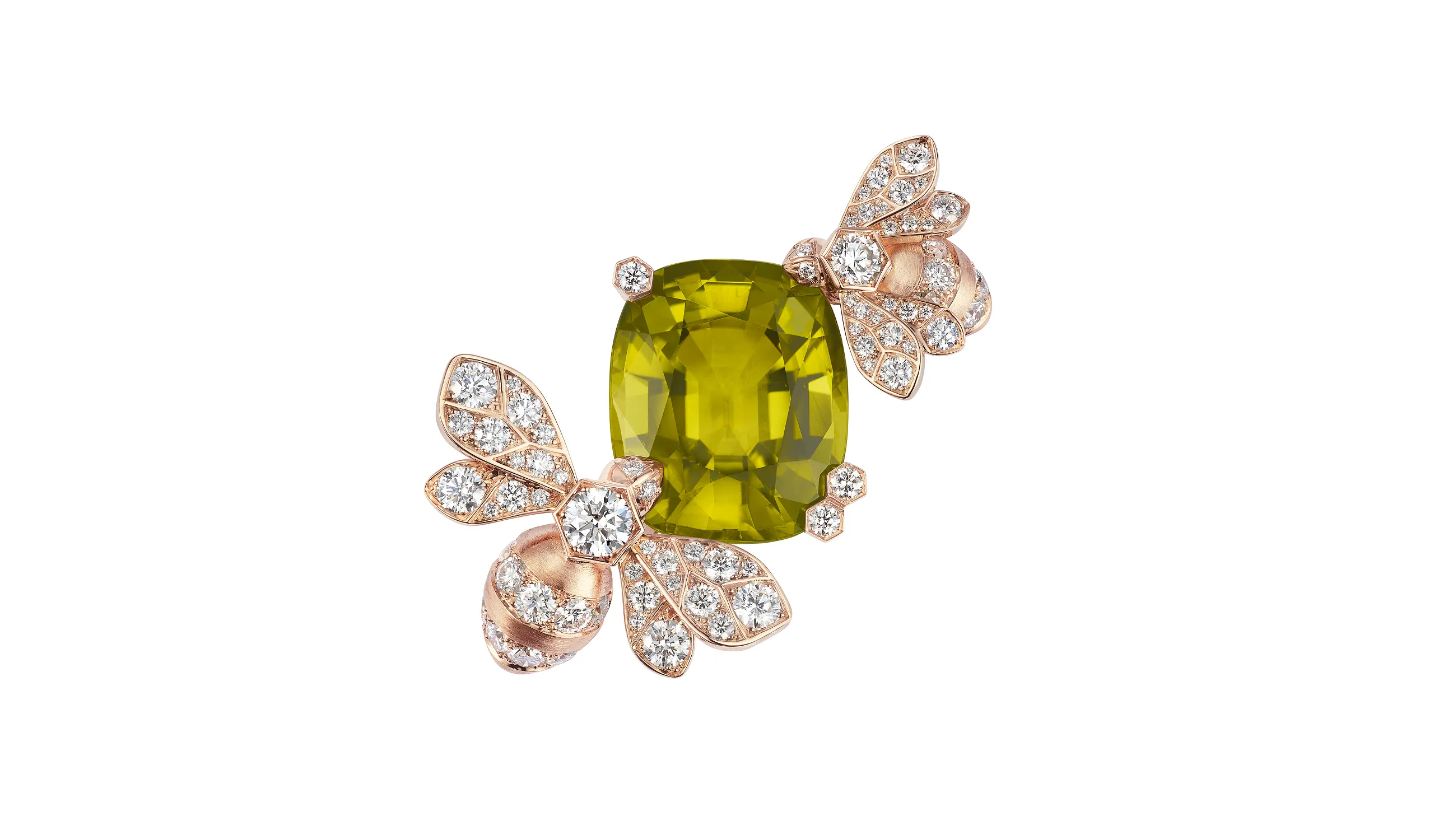Chaumet Bee brooch in rose gold, set with a cushion cut 17.99 carat yellow-green tourmaline and brilliant-cut diamonds