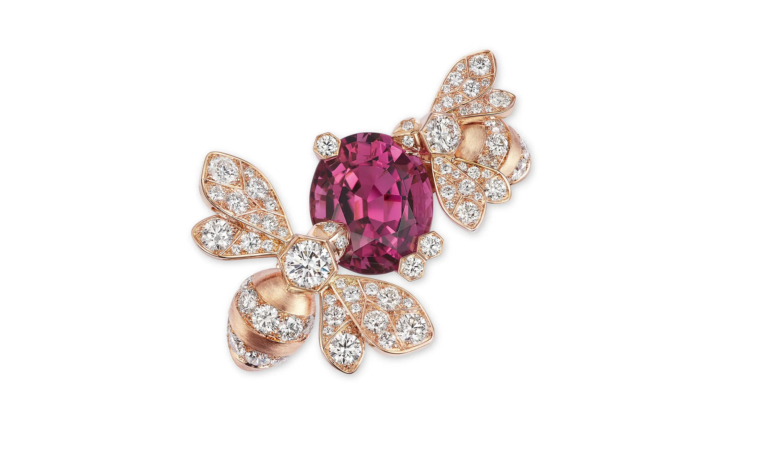 Chaumet Bee brooch in rose gold, set with an oval cut 7.44 carat rubellite and brilliant-cut diamonds
