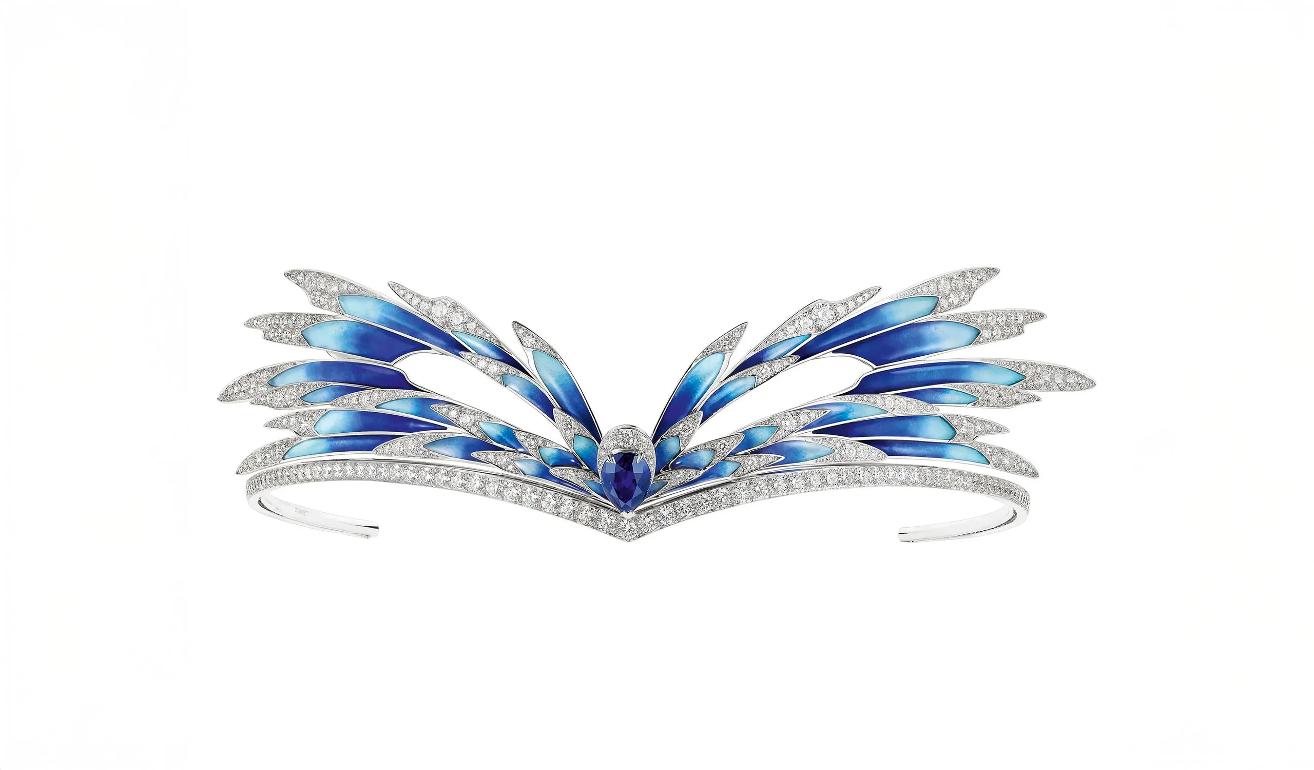 <p>Chaumet’s Envol high jewellery tiara in white gold and grand feu enamel transforms into two brooches and <em>a </em>grand bal-style mask</p>