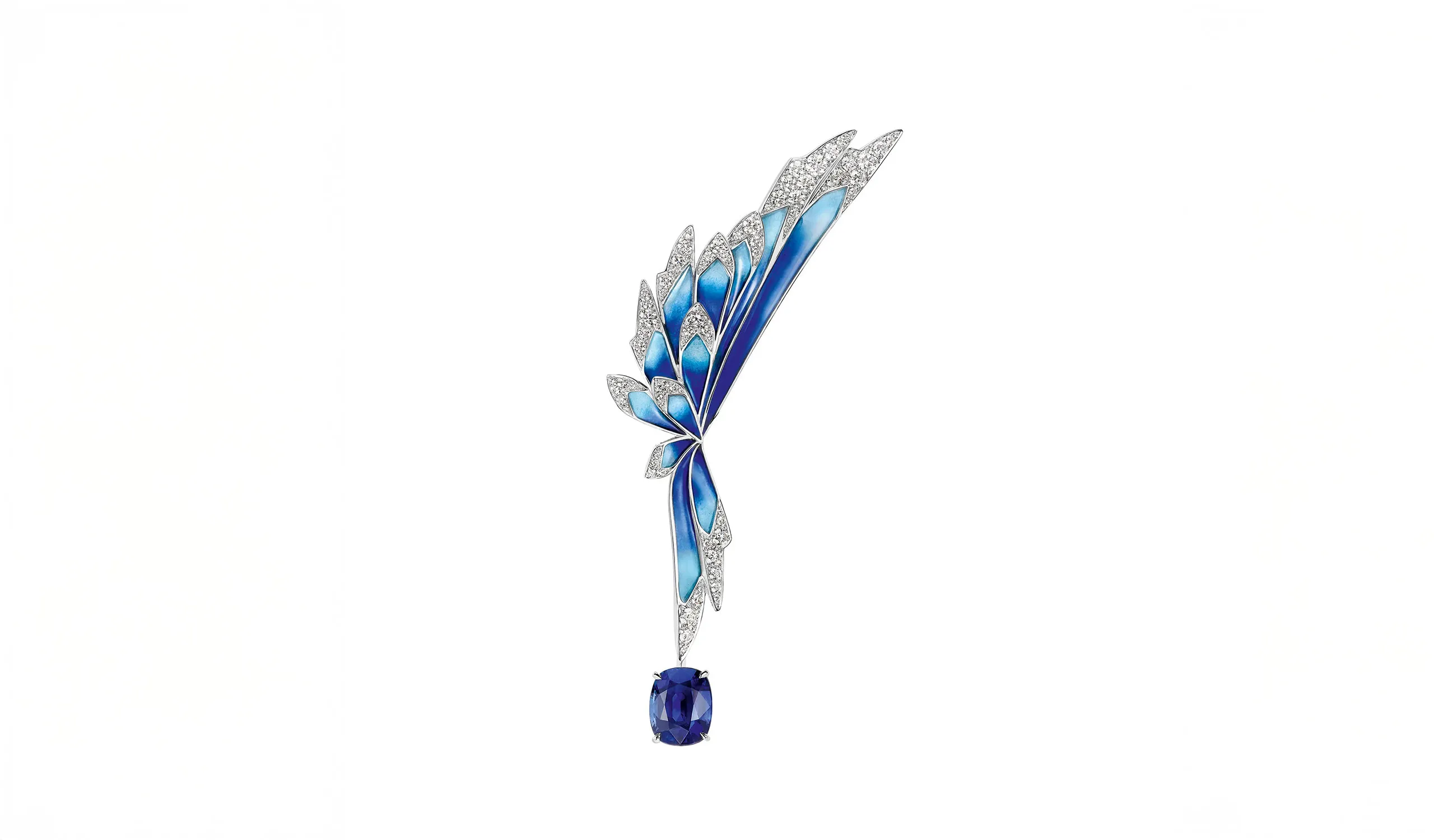 <p>The Envol necklace in white gold and grand feu enamel transforms into this high jewellery brooch, set with a 10.96 carat, cushion-cut Madagascan sapphire</p>