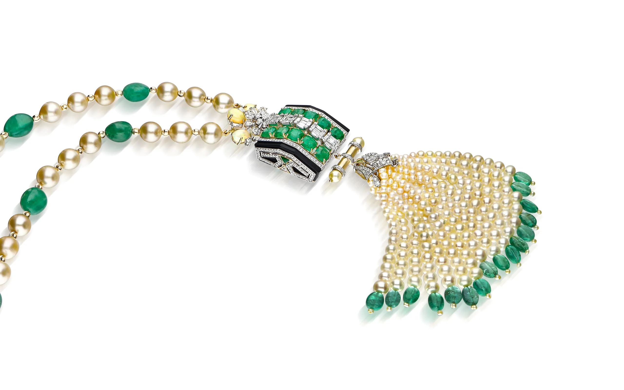 Chhaya Jain Art Deco-inspired necklace with 4.72 carats of diamonds, 4.63 carats of opal and 10.34 carats of emeralds, complete with a 177.25 carat pearl tassel 