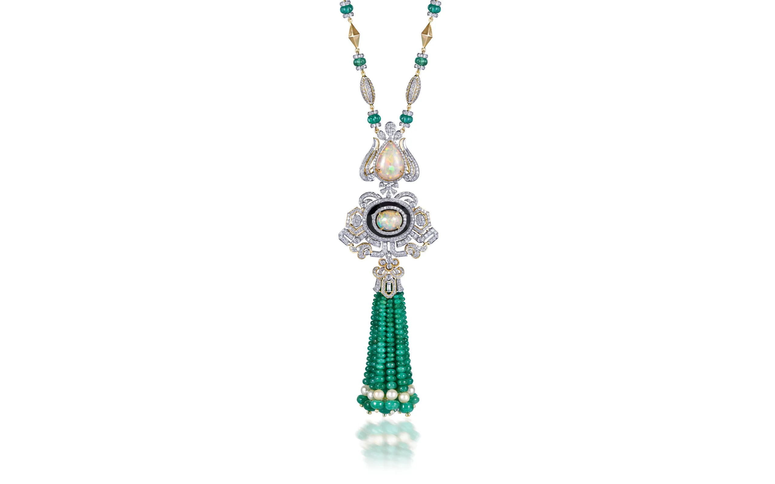 Chhaya Jain Art Deco inspired lariat with emeralds, opals, black onyx, and a dramatic 110.85 carat emerald tassel