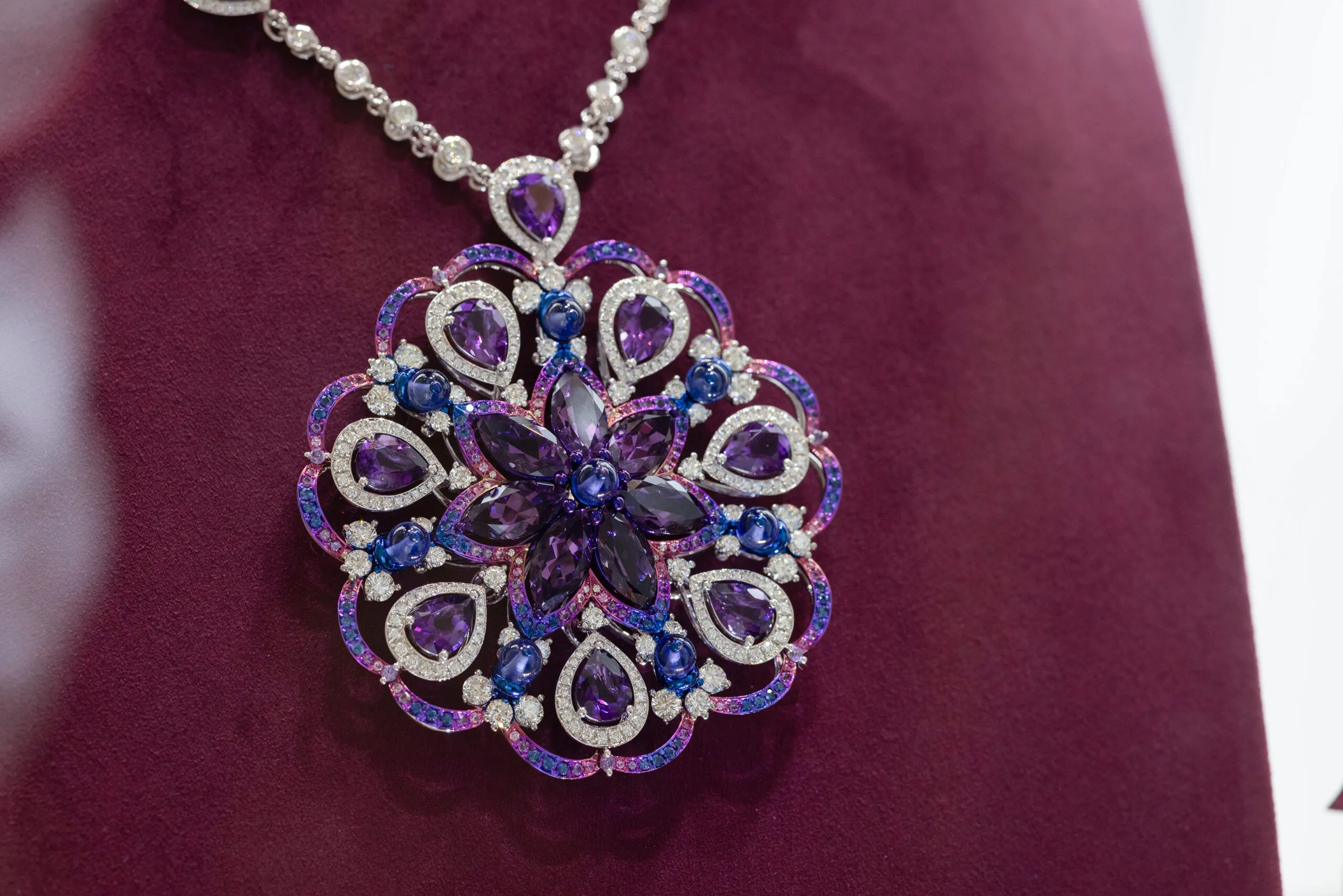 Chopard necklace with 12.75 carats of pear-shaped amethysts, 12.13 carats of marquise-cut amethysts, 13.02 carats of brilliant-cut diamonds, 7.25 carats of tanzanite beads and 1.36 carats of round-cut sapphires, set in 18k white gold and titanium, part of the Caroline's Universe Red Carpet High Jewellery Collection 2025