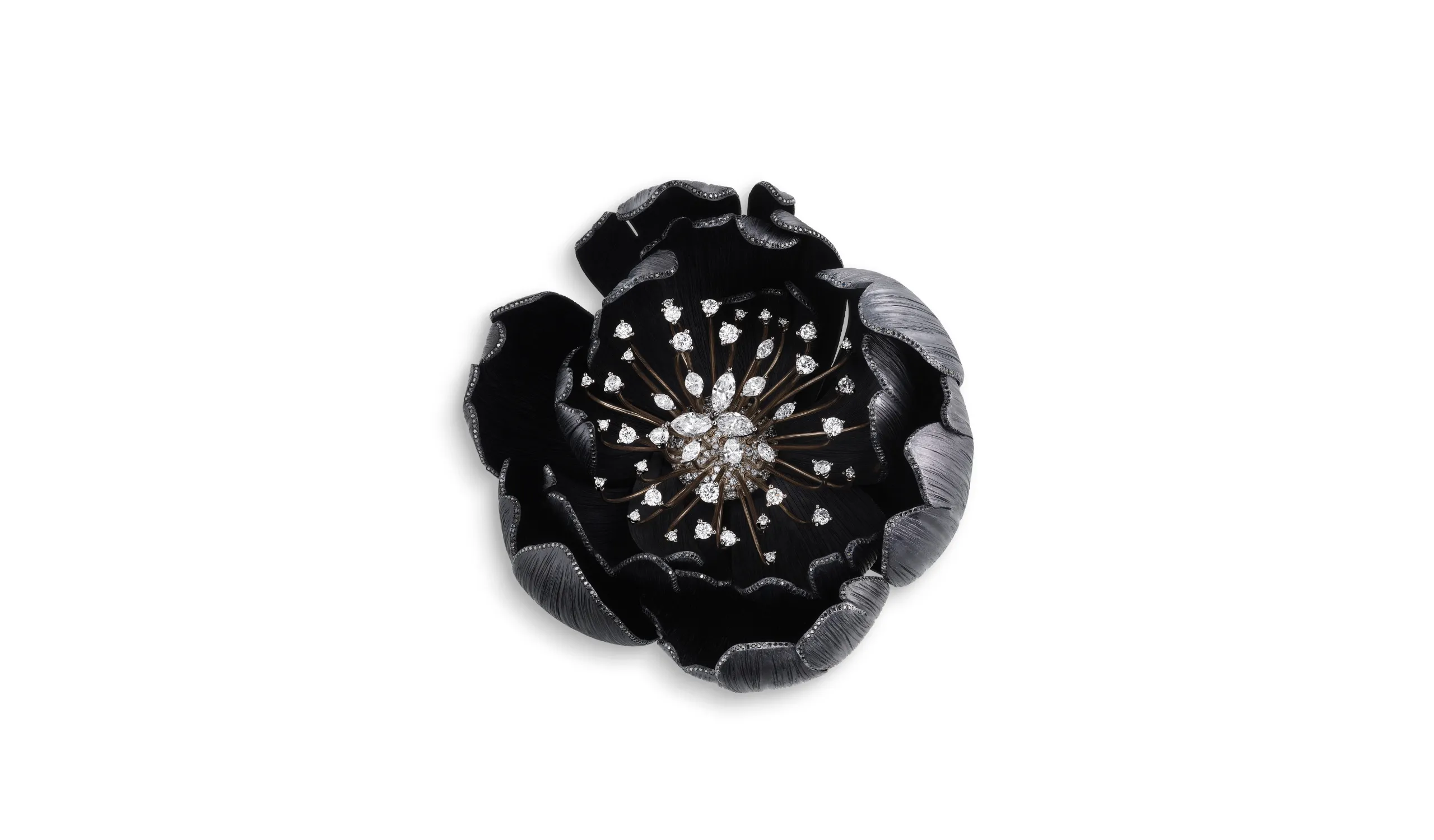 Chopard Flower brooch in aluminium and 18k white gold set with 2.68 carats of brilliant-cut white diamonds, 2.44 carats of black diamonds, and 1.94 carats of marquise-cut white diamonds, from the Caroline's Universe Red Carpet High Jewellery Collection 2025