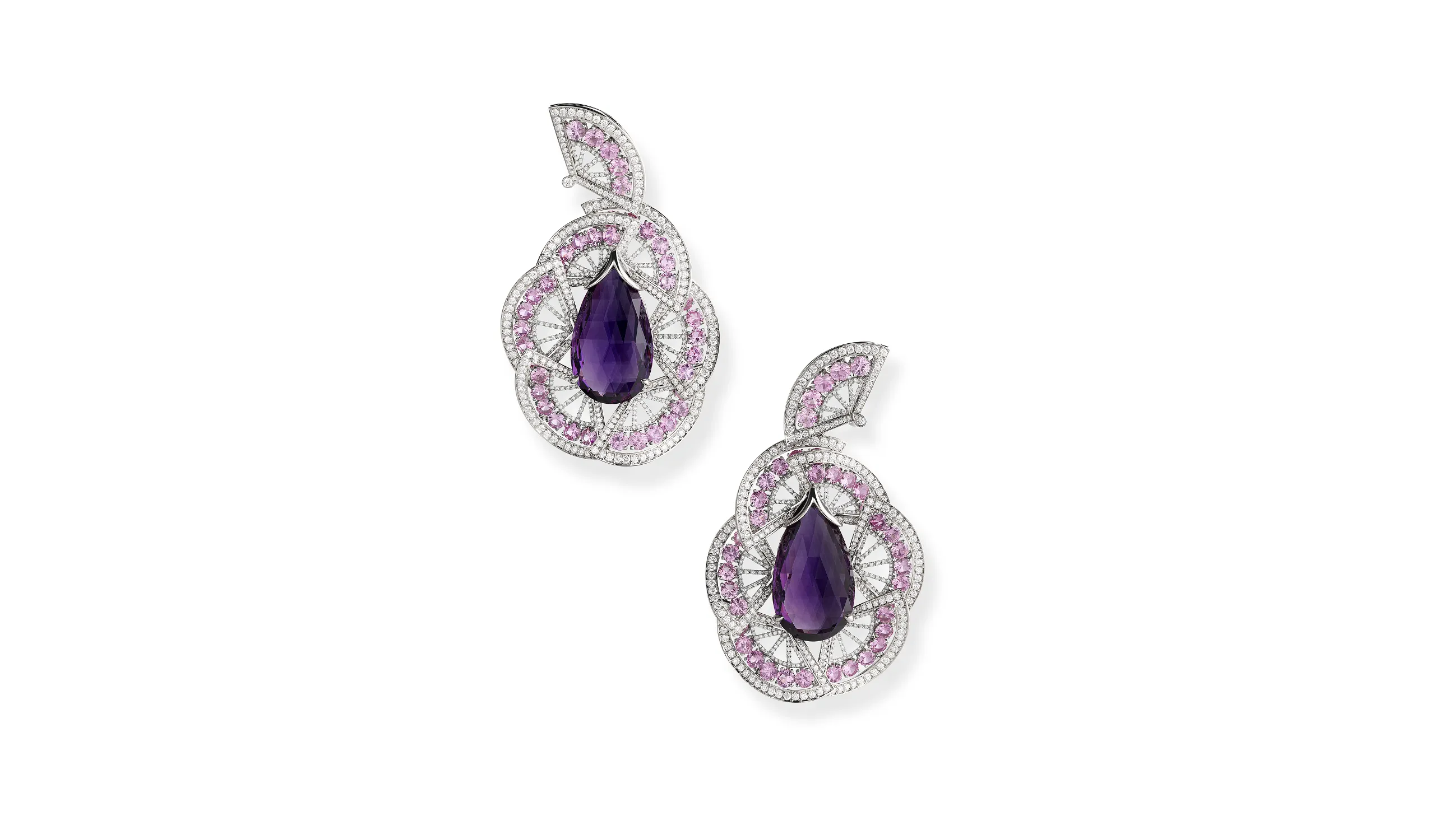 Chopard earrings with two amethyst briolettes weighing 43.67 carats, 14.48 carats of brilliant-cut sapphires and 5.64 carats of brilliant-cut diamonds, set in titanium, part of the Caroline's Universe Red Carpet High Jewellery Collection 2025
