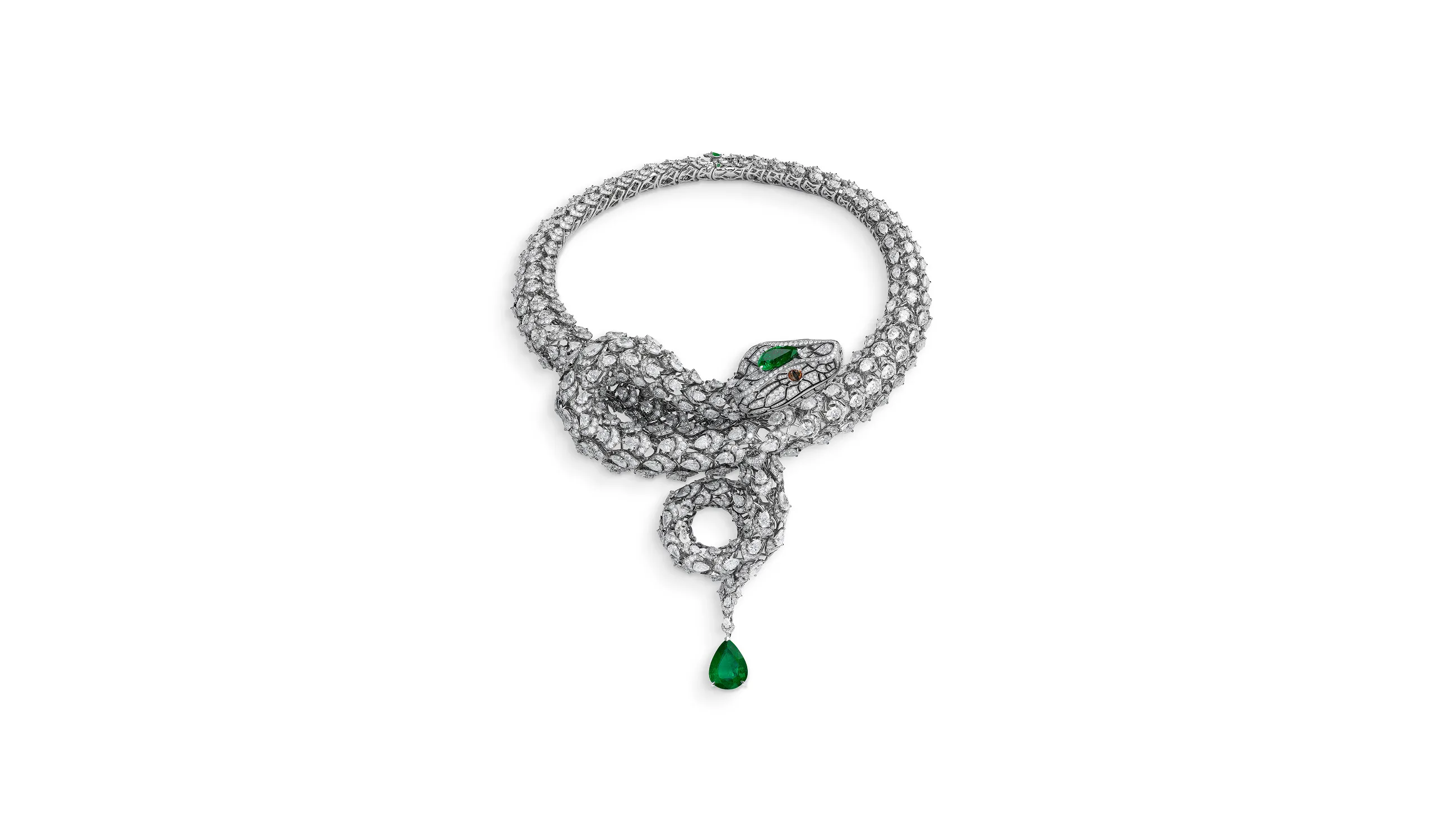 Chopard Snake necklace with over 87 carats of pear-shaped and brilliant-cut diamonds enhanced with 11.93 carats of pear-shaped emeralds, onyx and yellow sapphires set in 18k white gold, part of the Caroline's Universe Red Carpet High Jewellery Collection 2025