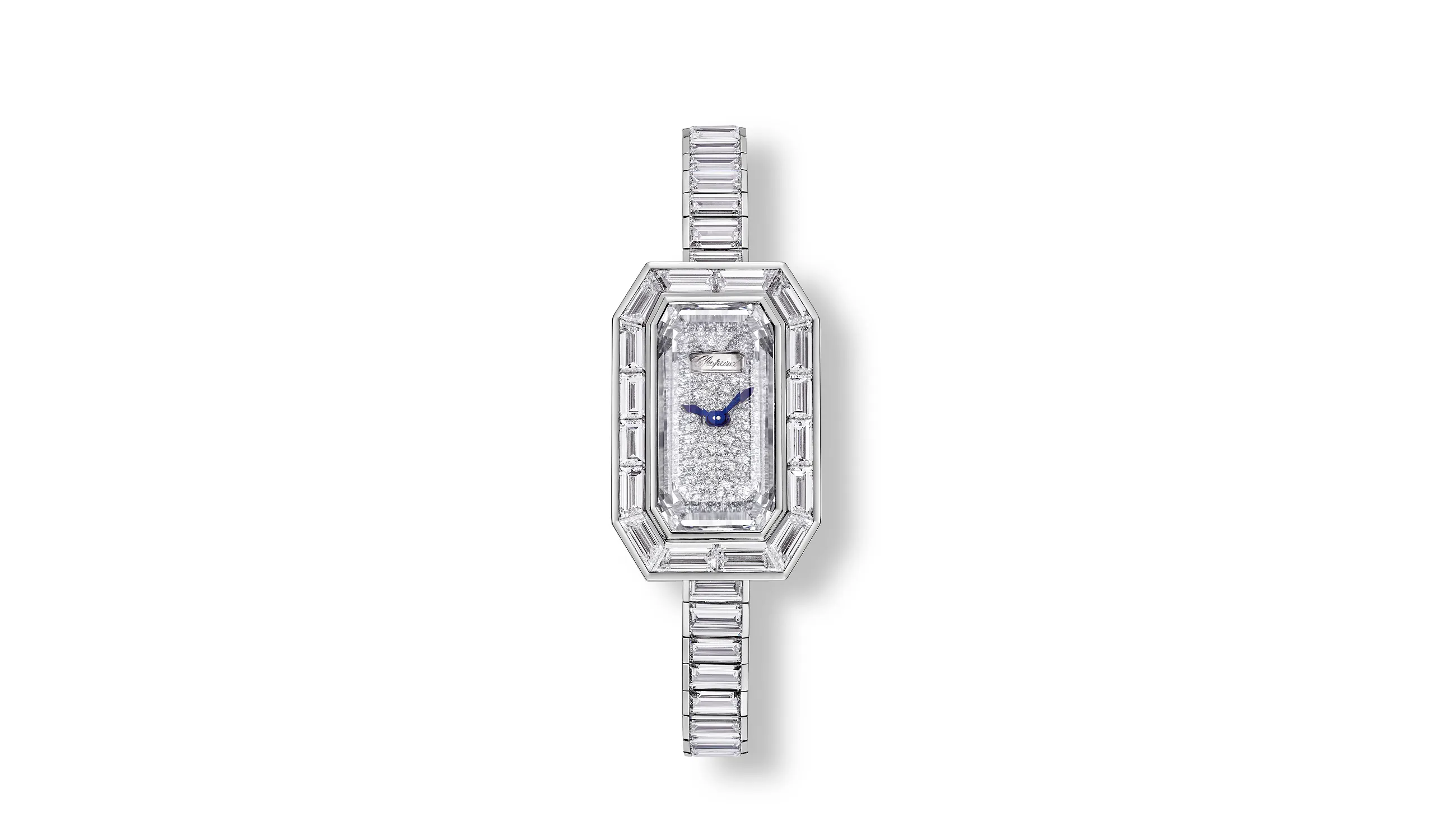 Chopard watch in 18k white gold with an emerald-shaped portrait-cut diamond in place of the traditional sapphire crystal, set with baguette cut diamonds totalling 21.41 carats, part of the Caroline's Universe Red Carpet High Jewellery Collection 2025