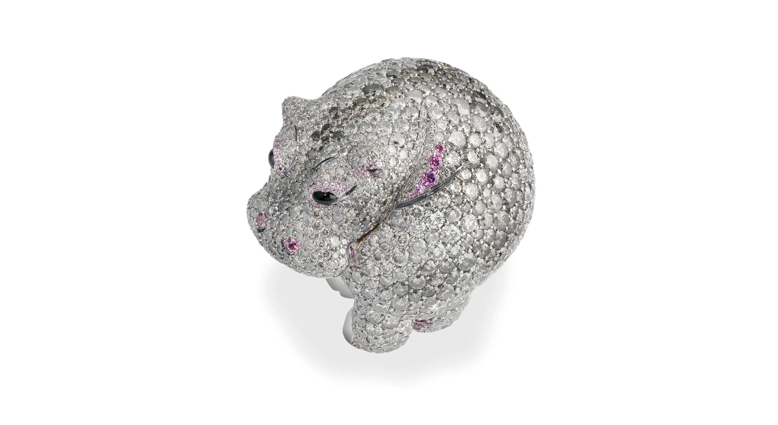 Chopard Hippopotamus ring with 17.38 carats of brilliant-cut grey diamonds, garnets and onyx cabochons set in 18k white gold, from the Caroline's Universe Red Carpet High Jewellery Collection 2025