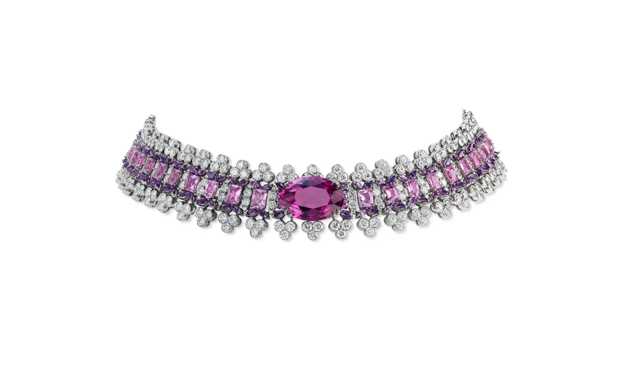Chopard necklace with an oval shaped tourmaline of 17.25 carats, set with cushion-cut pink sapphires of 19.41 carats, marquise-cut amethysts of 9.91 carats and 32.26 carats of diamonds in 18k white gold, part of the Caroline's Universe Red Carpet High Jewellery Collection 2025