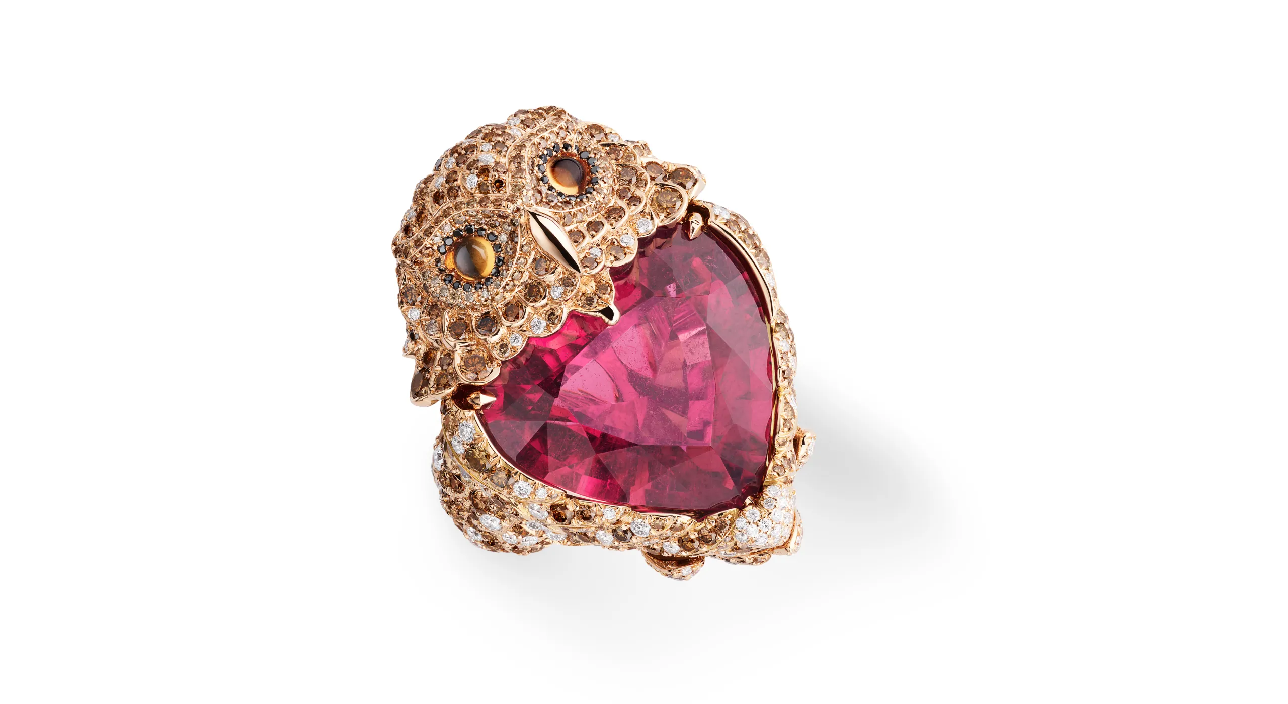 Chopard Owl ring with a 16.08-carat heart-shaped rubellite surrounded by cognac, white and black diamonds totalling 6.28 carats, set in 18k rose gold, part of the Caroline's Universe Red Carpet High Jewellery Collection 2025