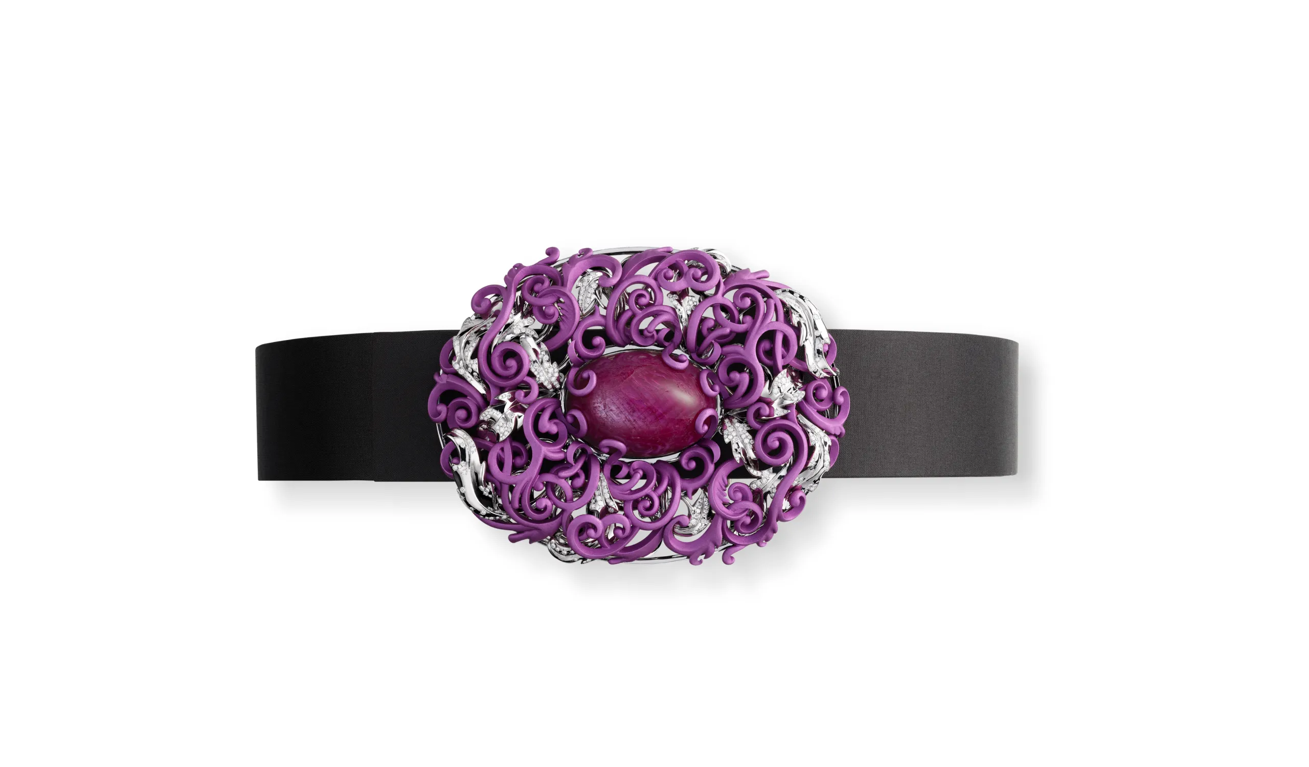 Chopard choker necklace with a central 158.67-carat pinkish-red ruby cabochon and brilliant-cut diamonds set in 18k white gold and titanium, part of the Caroline's Universe Red Carpet High Jewellery Collection 2025