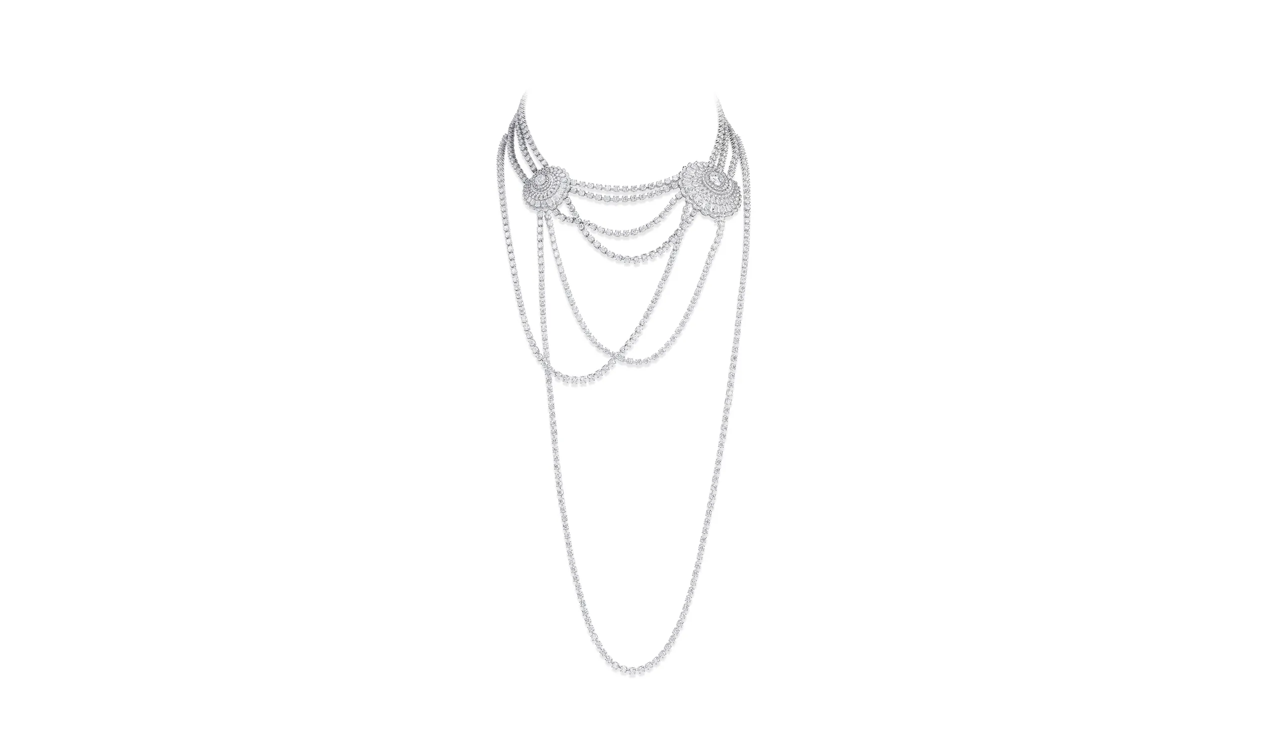 Chopard sautoir necklace with 71.70 carats of brilliant-cut diamonds and 6.20 carats of pear-shaped diamonds set in 18k white gold, part of the Caroline's Universe Red Carpet High Jewellery Collection 2025