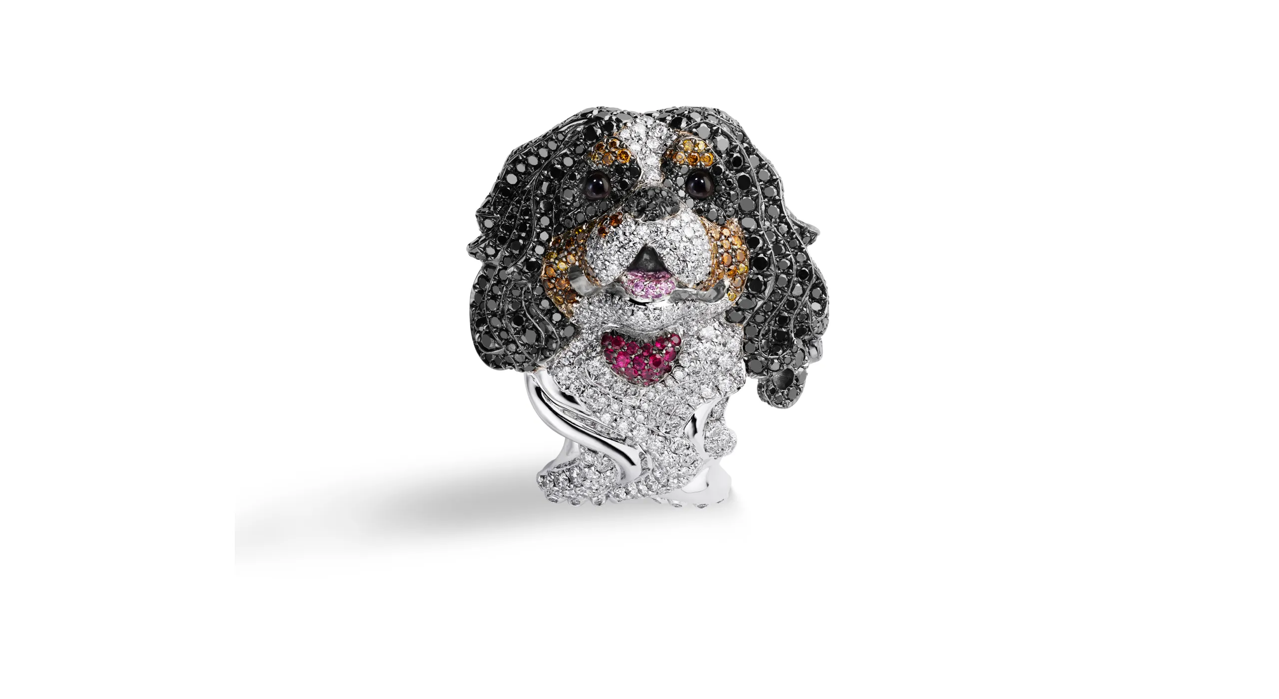 Chopard ‘Byron’ the Cavalier King Charles ring paved with white, black and cognac diamonds totalling 6.37 carats, plus rubies, pink sapphires and onyx cabochons set in 18k rose gold, part of the Caroline's Universe Red Carpet High Jewellery Collection 2025