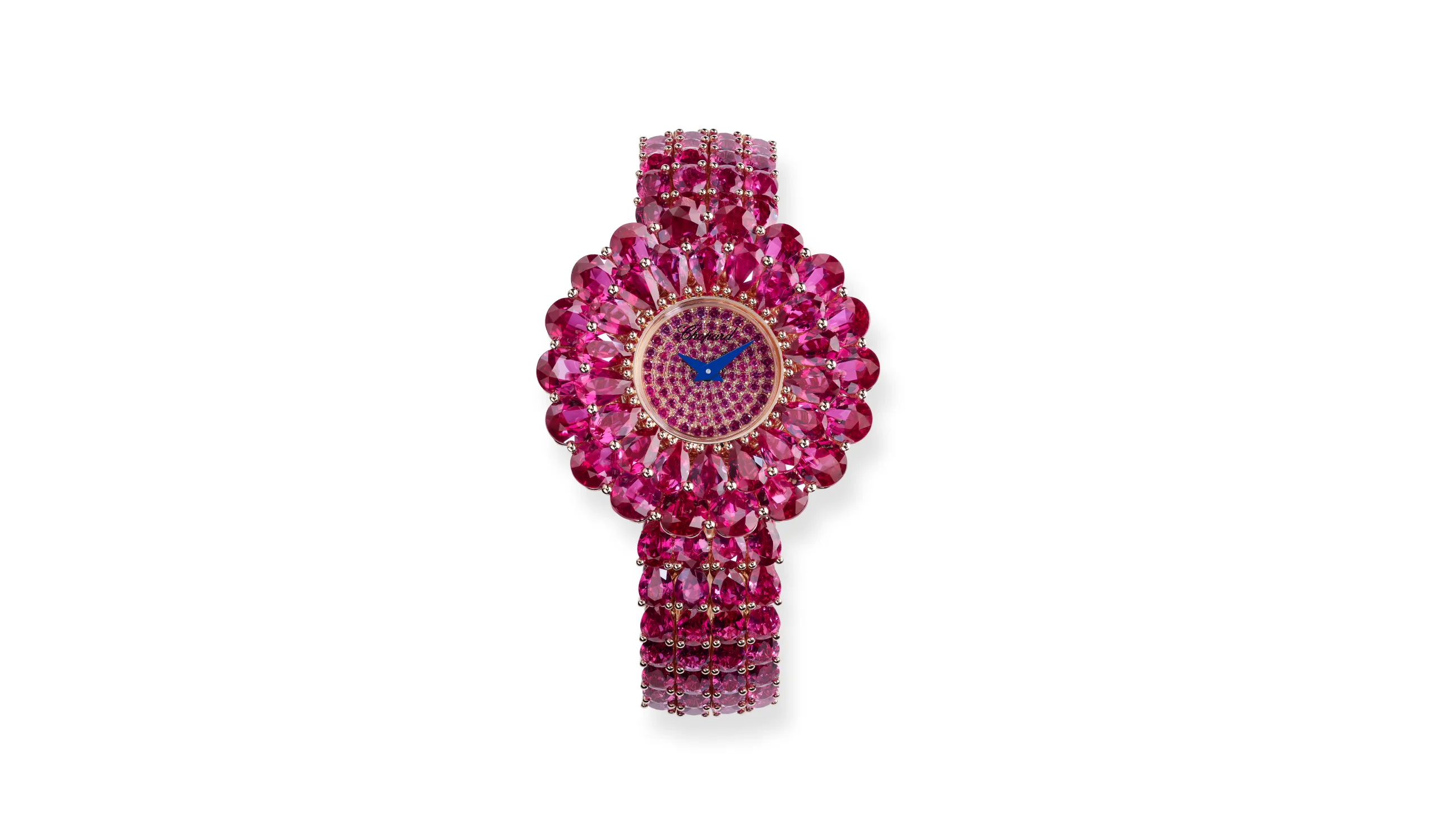 Chopard jewellery watch with 56.19 carats of pear-shaped rubies and brilliant-cut rubies set in 18k rose gold, part of the Caroline's Universe Red Carpet High Jewellery Collection 2025