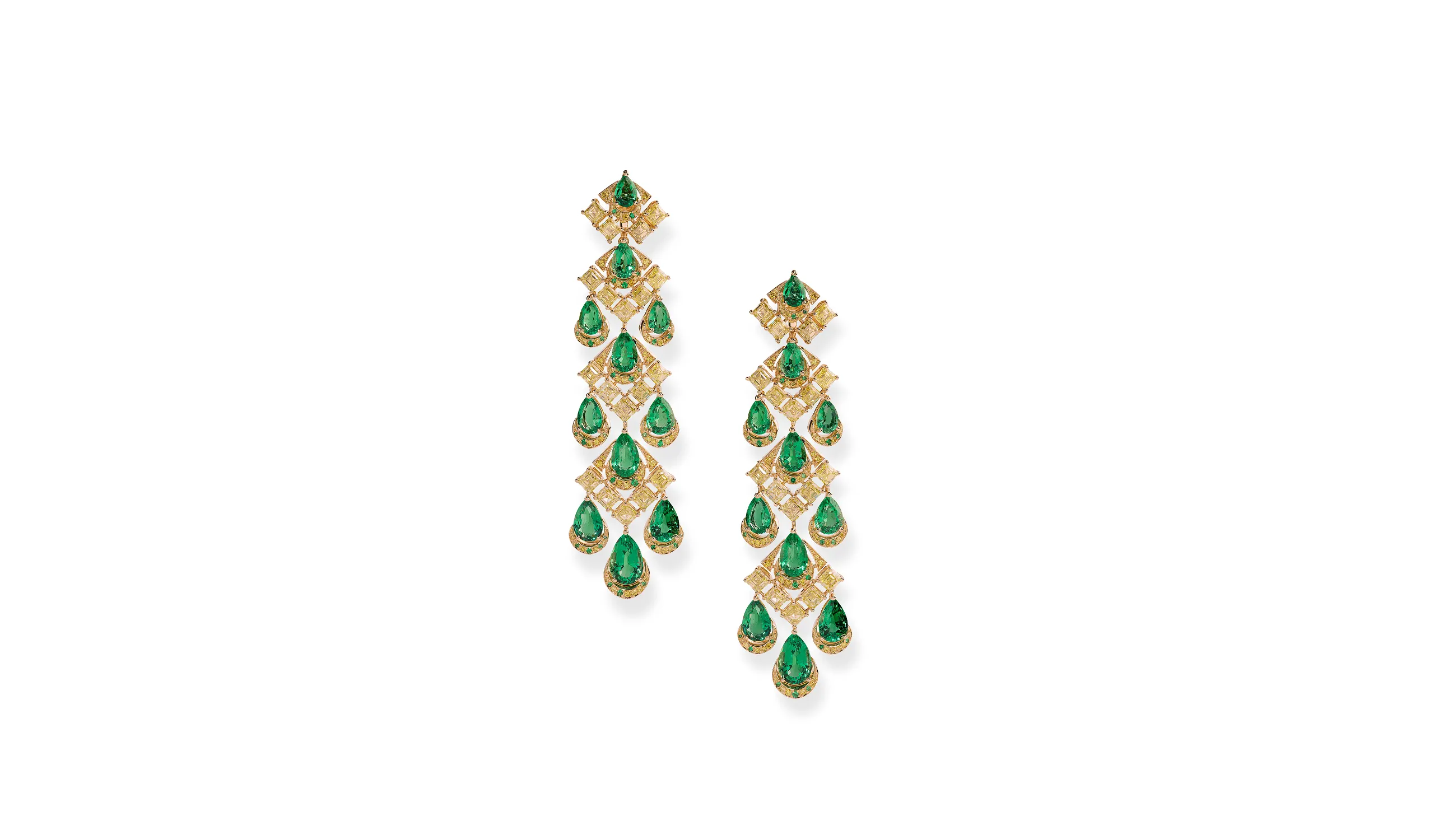 Chopard earrings with 15.12 carats of pear-shaped emeralds, 8.27 carats of emerald-cut yellow diamonds, plus further brilliant-cut yellow diamonds and round-cut emeralds set in 18k yellow gold, part of the Caroline's Universe Red Carpet High Jewellery Collection 2025