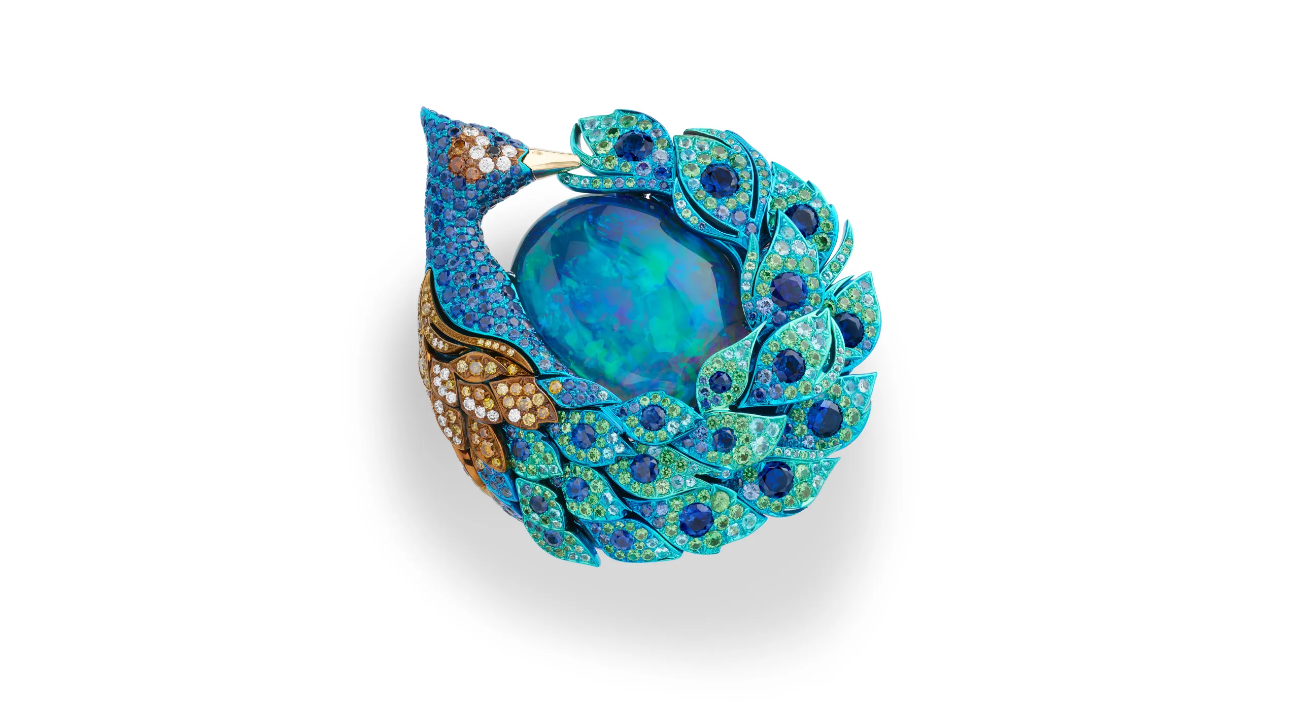 Chopard Peacock ring with a 15.71-carat black opal cabochon, 2.70 carats of brilliant-cut sapphires, tsavorites, white and black diamonds and Paraiba tourmaline, set in titanium and 18k yellow and white gold, part of the Caroline's Universe Red Carpet High Jewellery Collection 2025