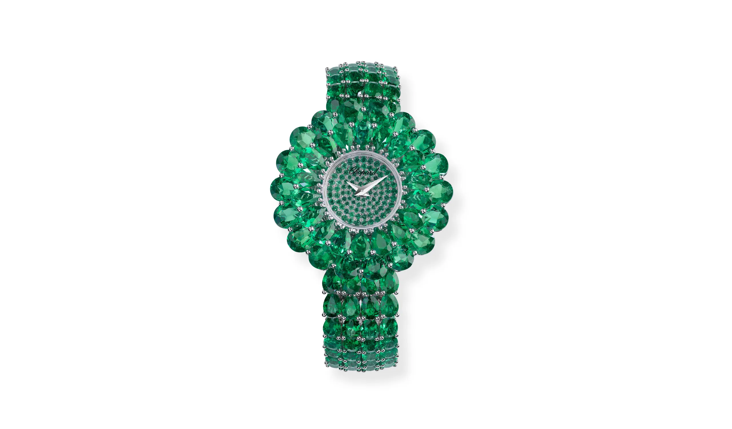 Chopard jewellery watch with 38.99 carats of pear-shaped emeralds and brilliant-cut emeralds set in 18k white gold, part of the Caroline's Universe Red Carpet High Jewellery Collection 2025