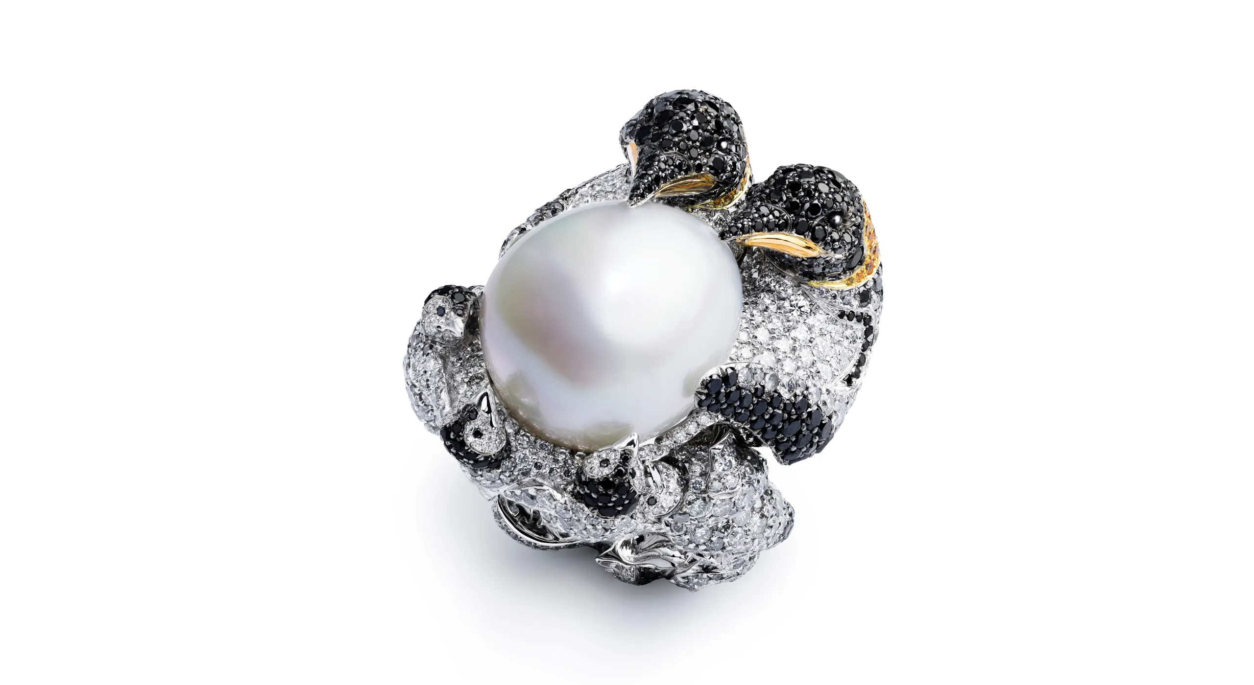 Chopard Penguin ring with a 30.91-carat South Sea pearl, brilliant-cut black diamonds of 10.84 carats, white diamonds, brilliant-cut spessartite garnets and onyx cabochons, set in 18k white and yellow gold, part of the Caroline's Universe Red Carpet High Jewellery Collection 2025