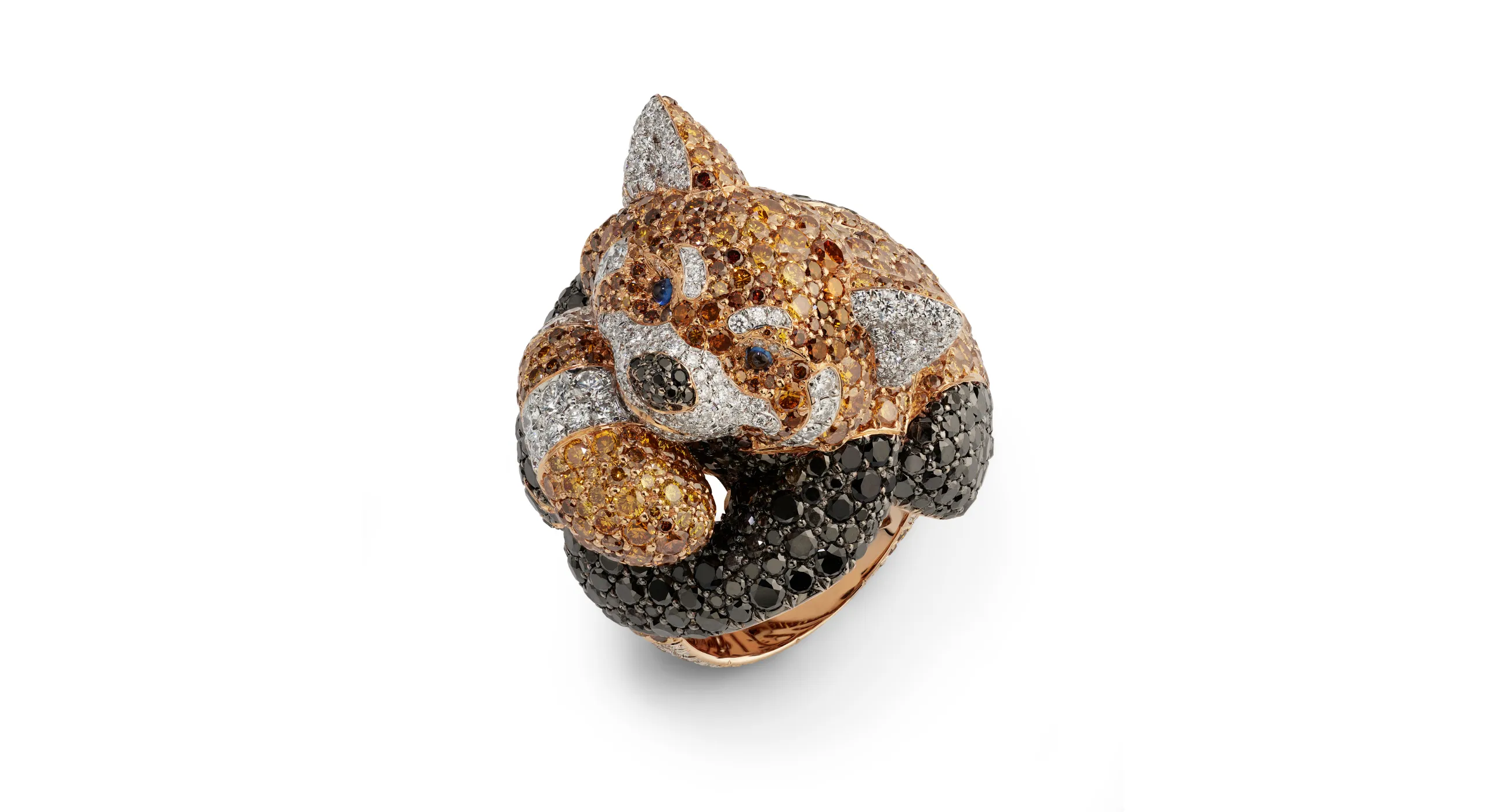 Chopard Red Panda ring with 17.09 carats of black, cognac and white diamonds, plus sapphire cabochon eyes set in 18k rose gold, part of the Caroline's Universe Red Carpet High Jewellery Collection 2025
