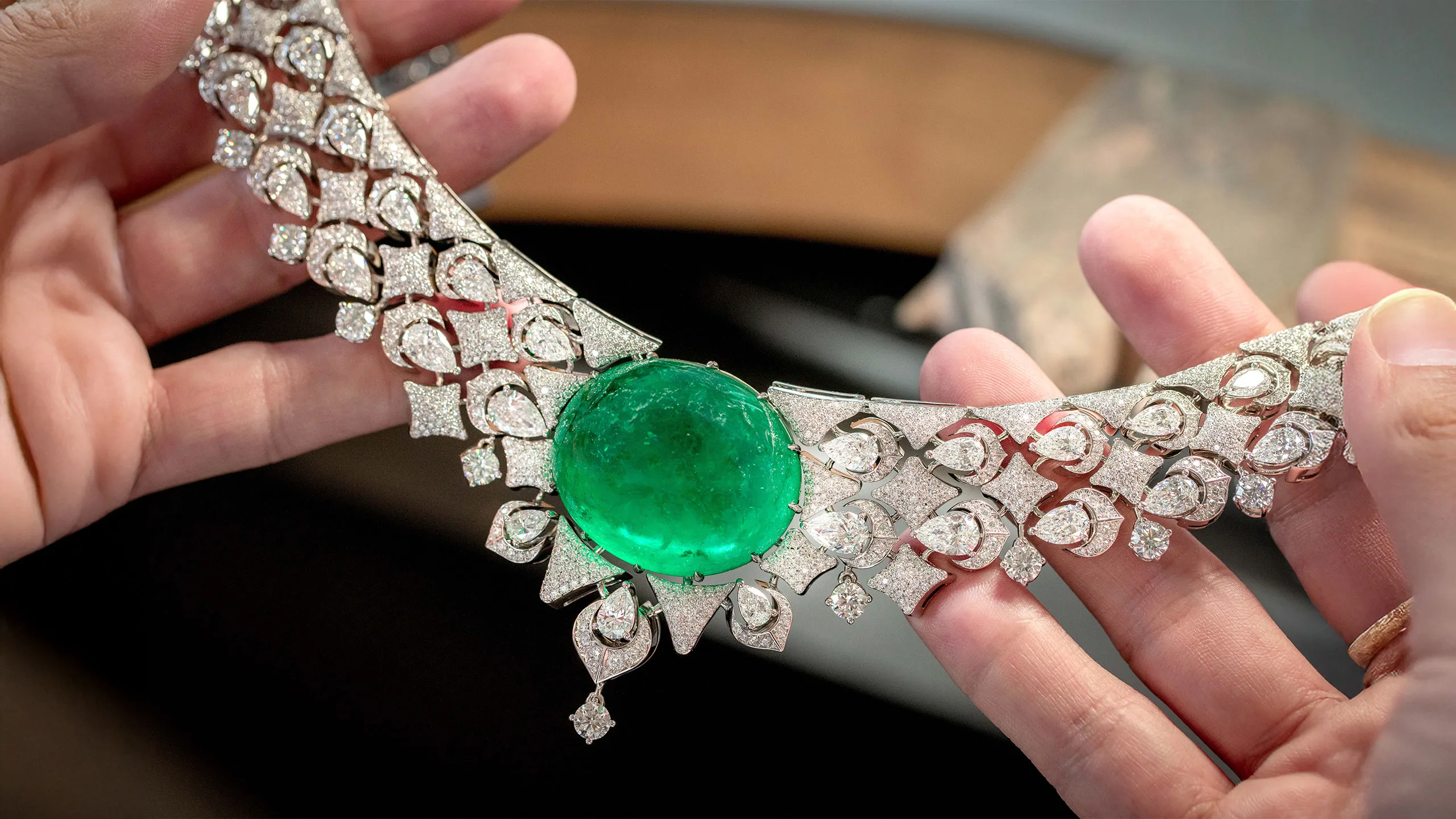 Chopard necklace with an emerald cabochon weighing 129 carats alongside 28.85 carats of pear-shaped diamonds and 21.56 carats of brilliant-cut diamonds, set in 18k white gold, part of the Caroline's Universe Red Carpet High Jewellery Collection 2025 