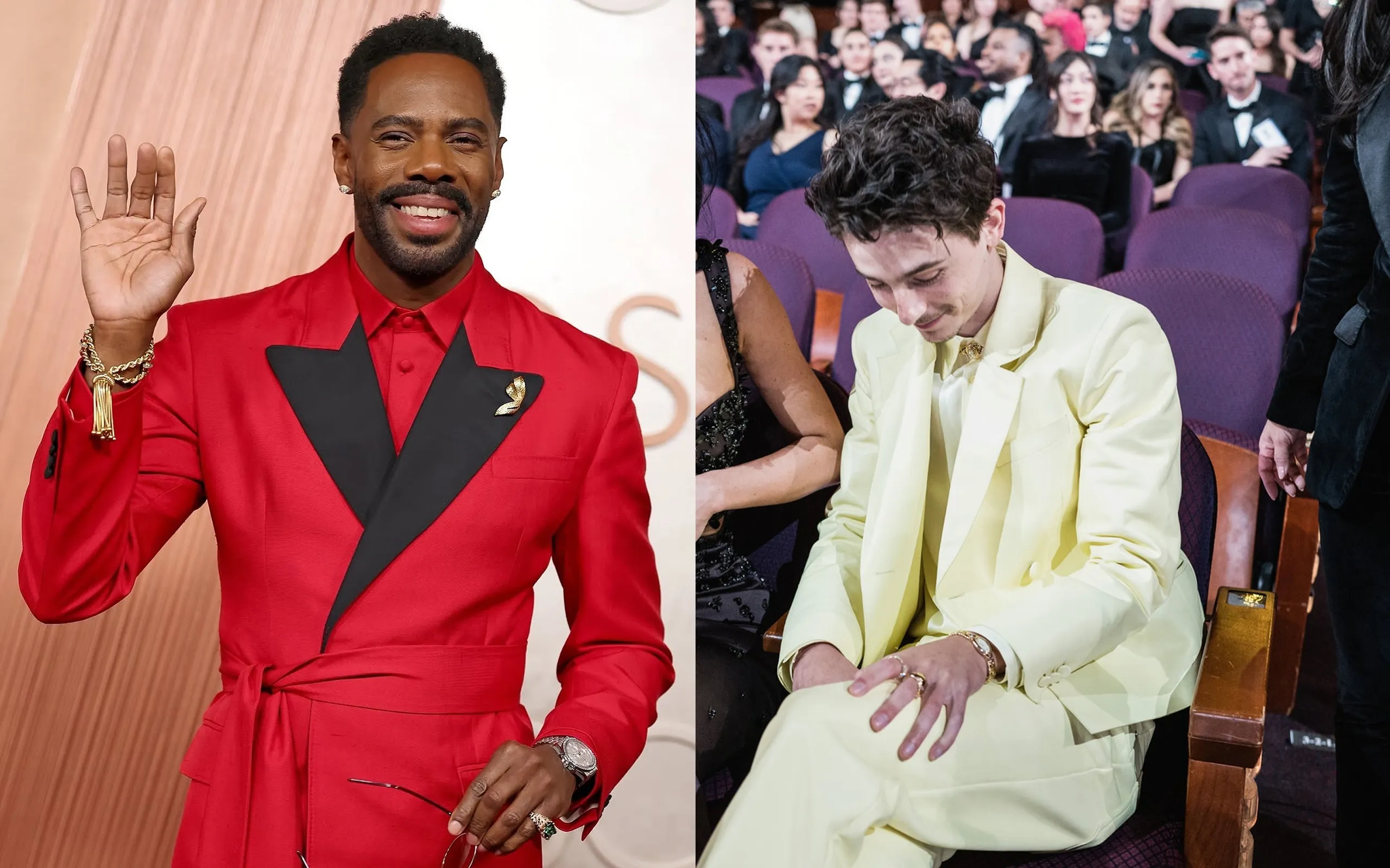 Colman Domingo in a Boucheron tassel bracelet and brooch, both in 18k yellow gold, and Timothee Chalamet in a Cartier necklace and matching bracelets at the 97th Annual Academy Awards 2025 