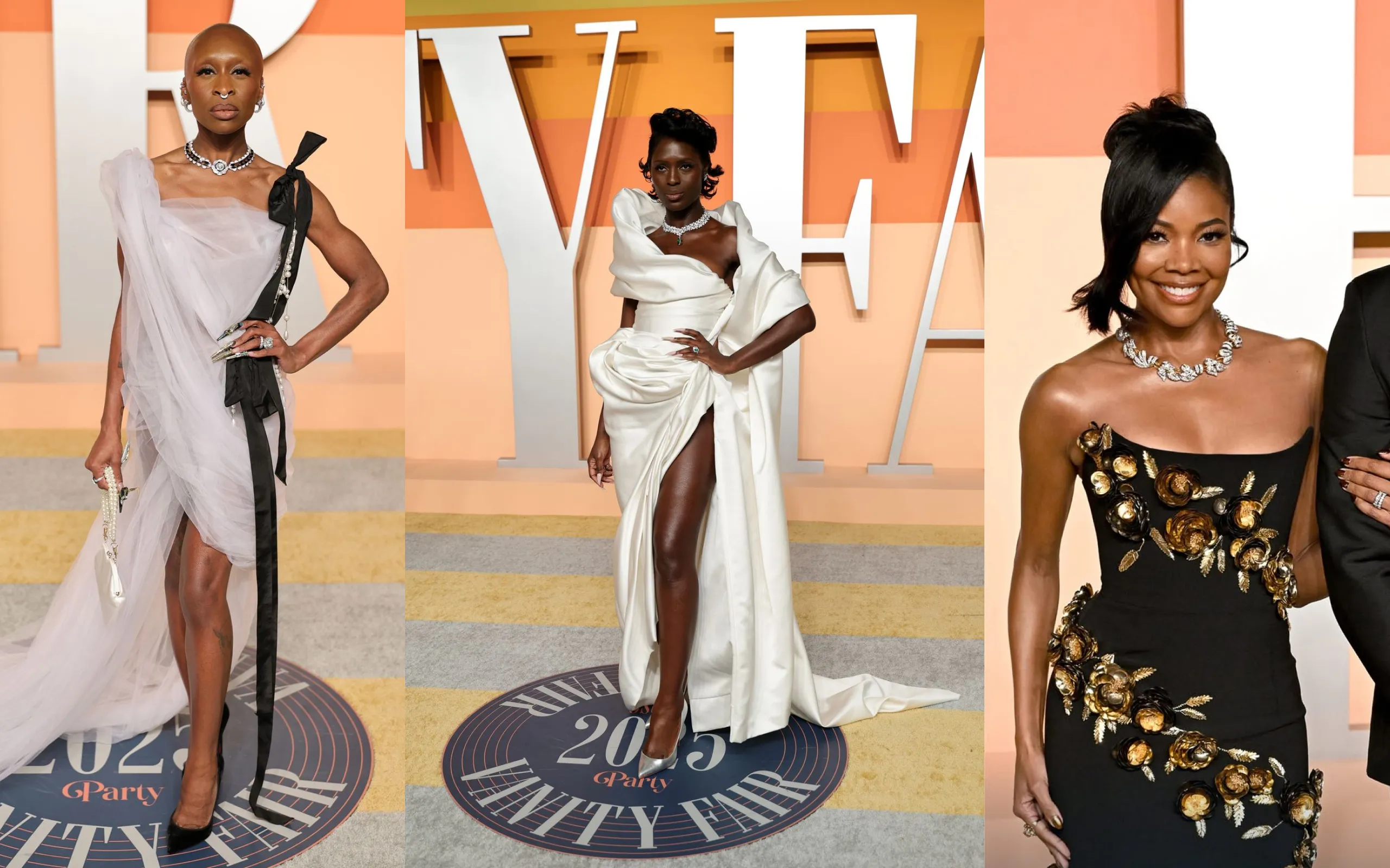 Cynthia Erivo, Jodie-Turner Smith and Gabrielle Union arrive at the Vanity Fair Oscars After Party 2025 wearing striking diamond necklaces 