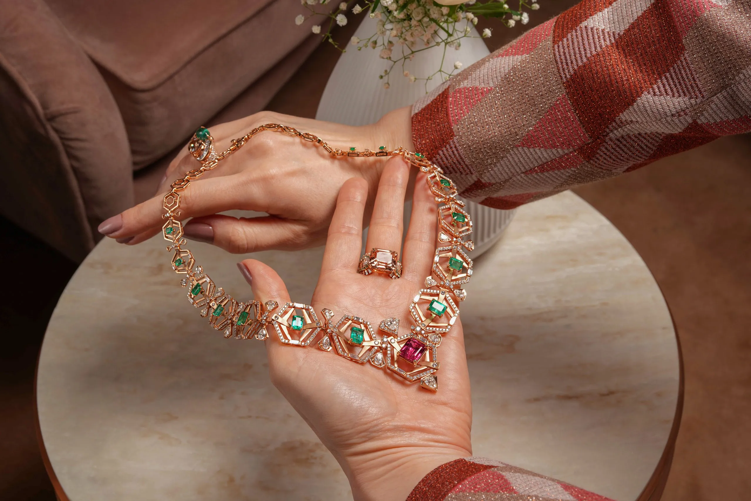 The 'A Flush of Evergreen' necklace from Zoya's Beyond collection with morganites, emeralds and diamonds set in gold