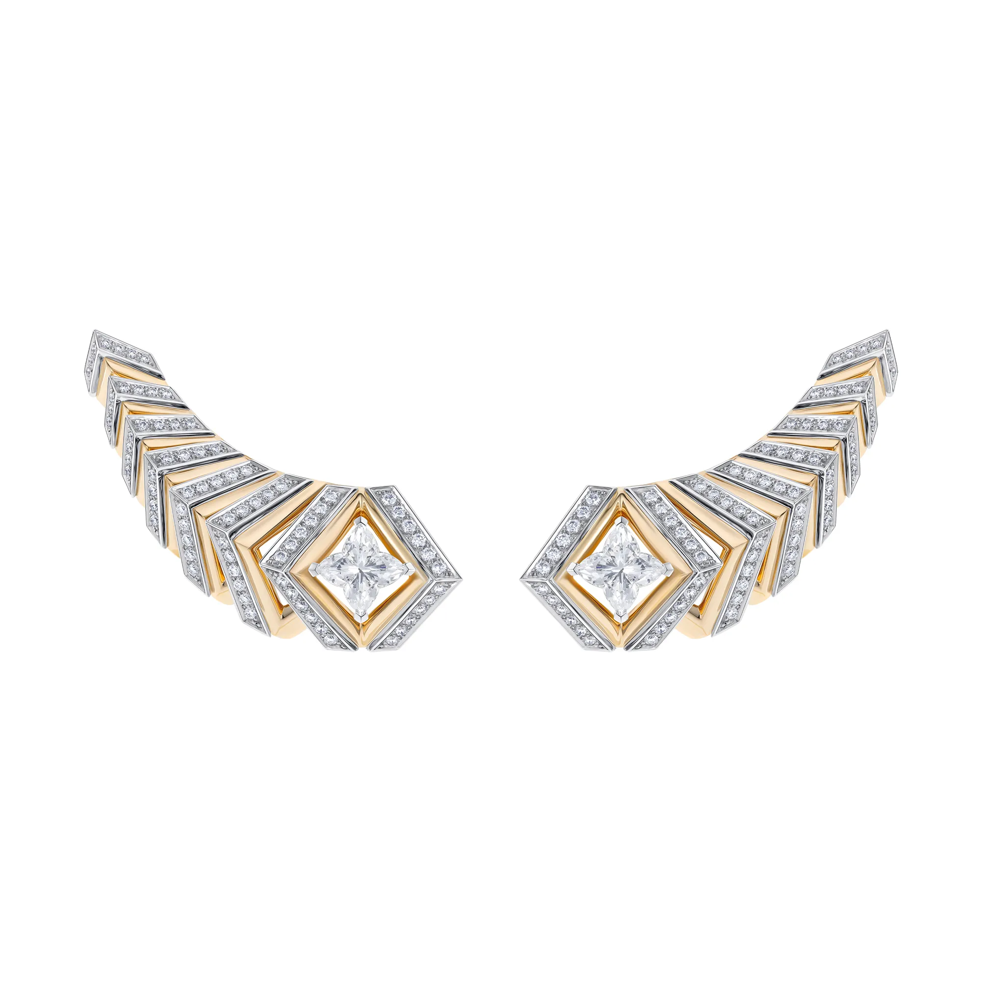 Louis Vuitton Dynamisme earrings in platinum and yellow gold with LV Monogram Star-cut diamonds from Chapter II of the Awakened Hands, Awakened Minds High Jewellery collection