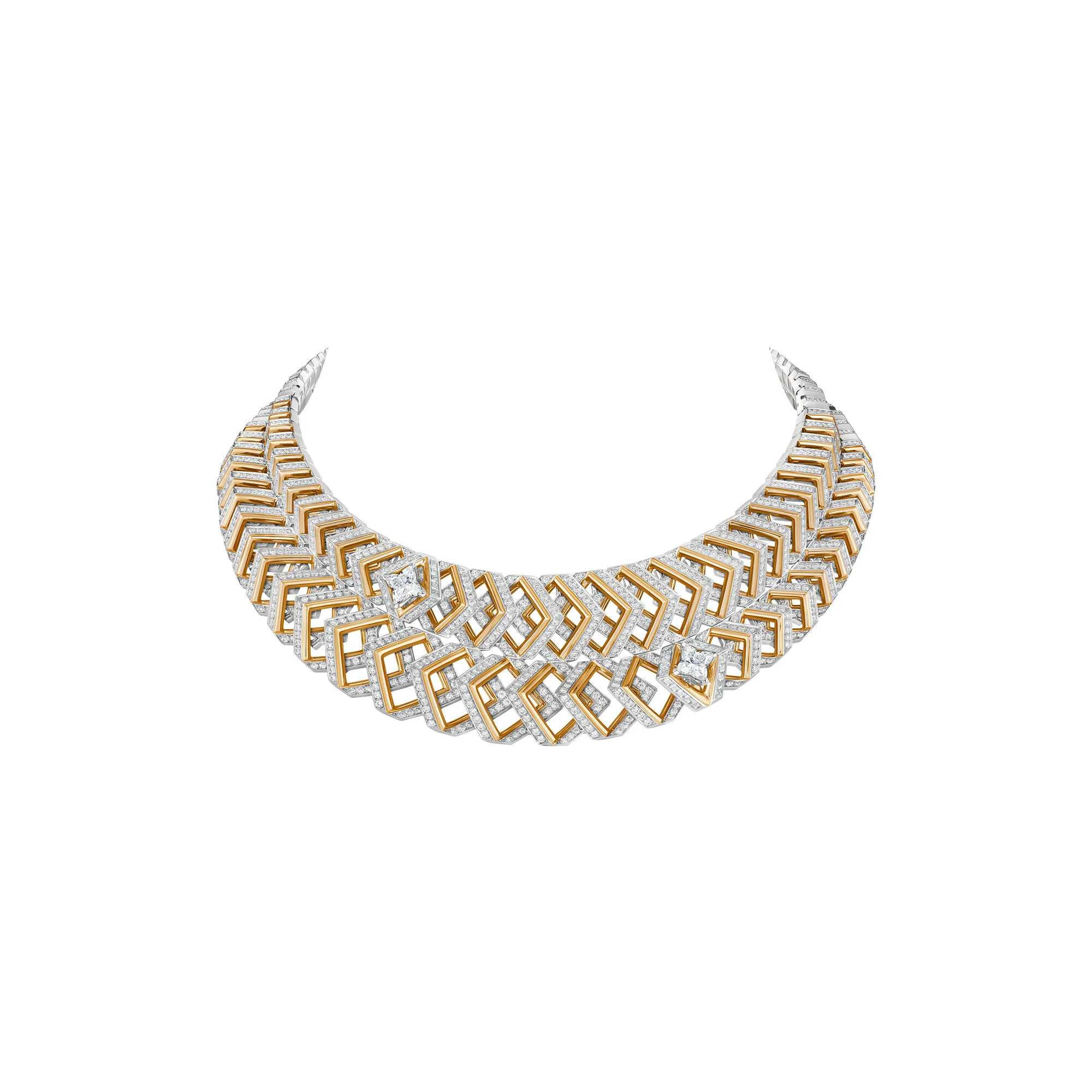 Louis Vuitton Dynamisme necklace in platinum and yellow gold with LV Monogram Star-cut diamonds from Chapter II of the Awakened Hands, Awakened Minds High Jewellery collection