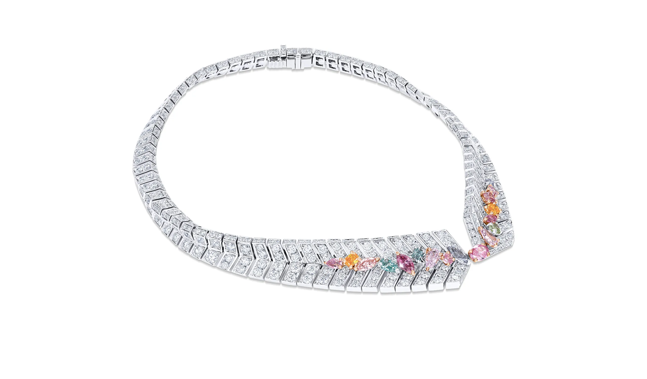 <p>Fearne High Jewellery necklace with 21.19ct white diamonds, 0.89ct green diamonds, 0.58ct blue diamonds, 3.45ct pink diamonds and 0.66ct of Fancy colour diamonds set in 18ct white and rose gold</p>