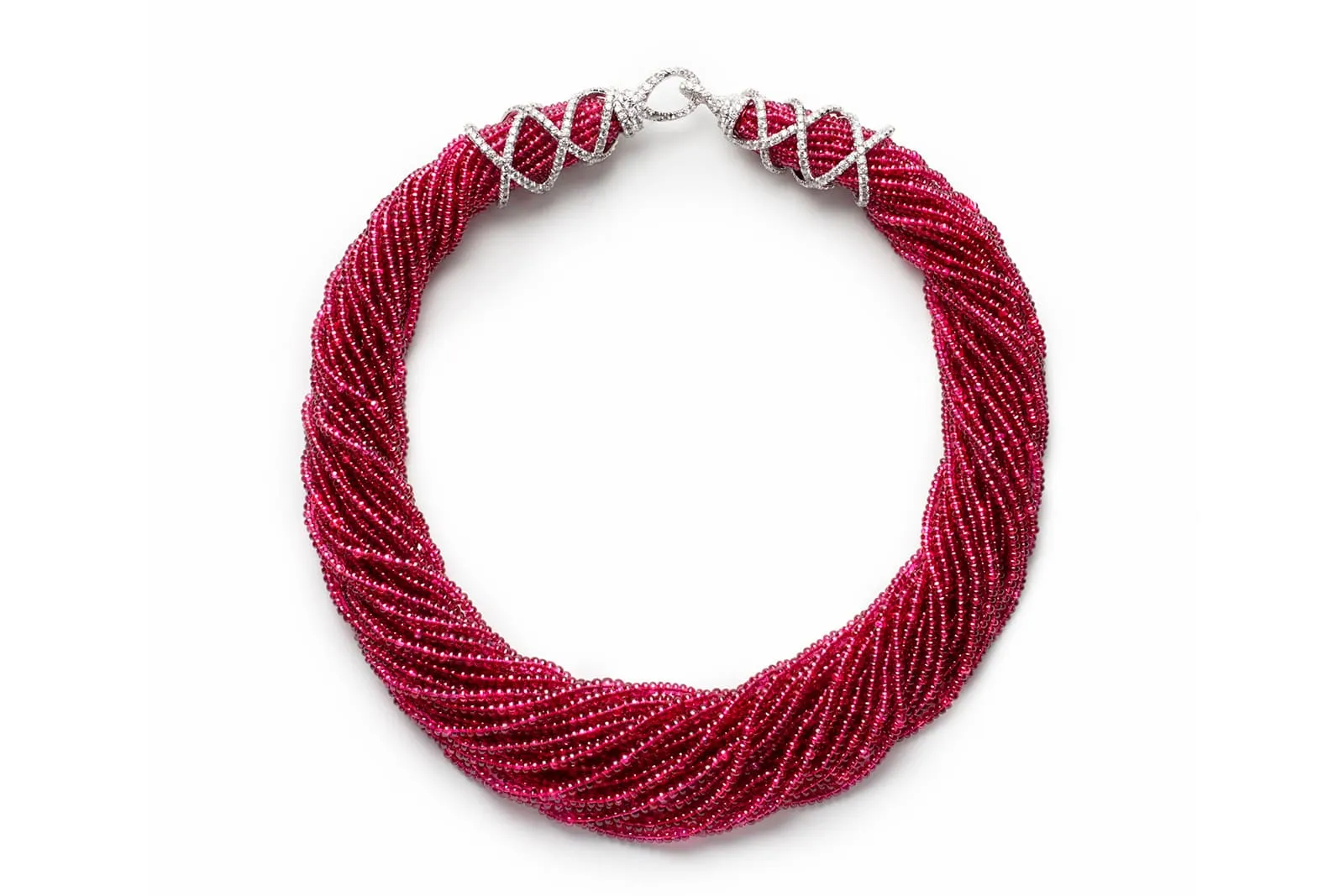 David Yurman 18K white gold High Jewelry Diamond Wrap necklace with 655 carats of red spinel beads and 7.3 carats of diamonds