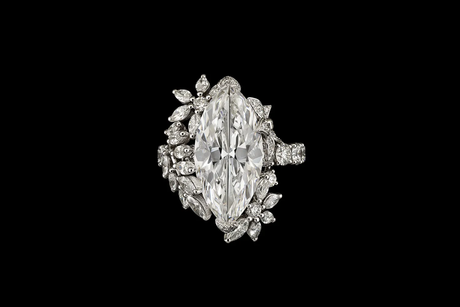 A marquise-shaped diamond ring from the Diorexquis High Jewellery collection surrounded by further marquise and round brilliant-cut diamonds 