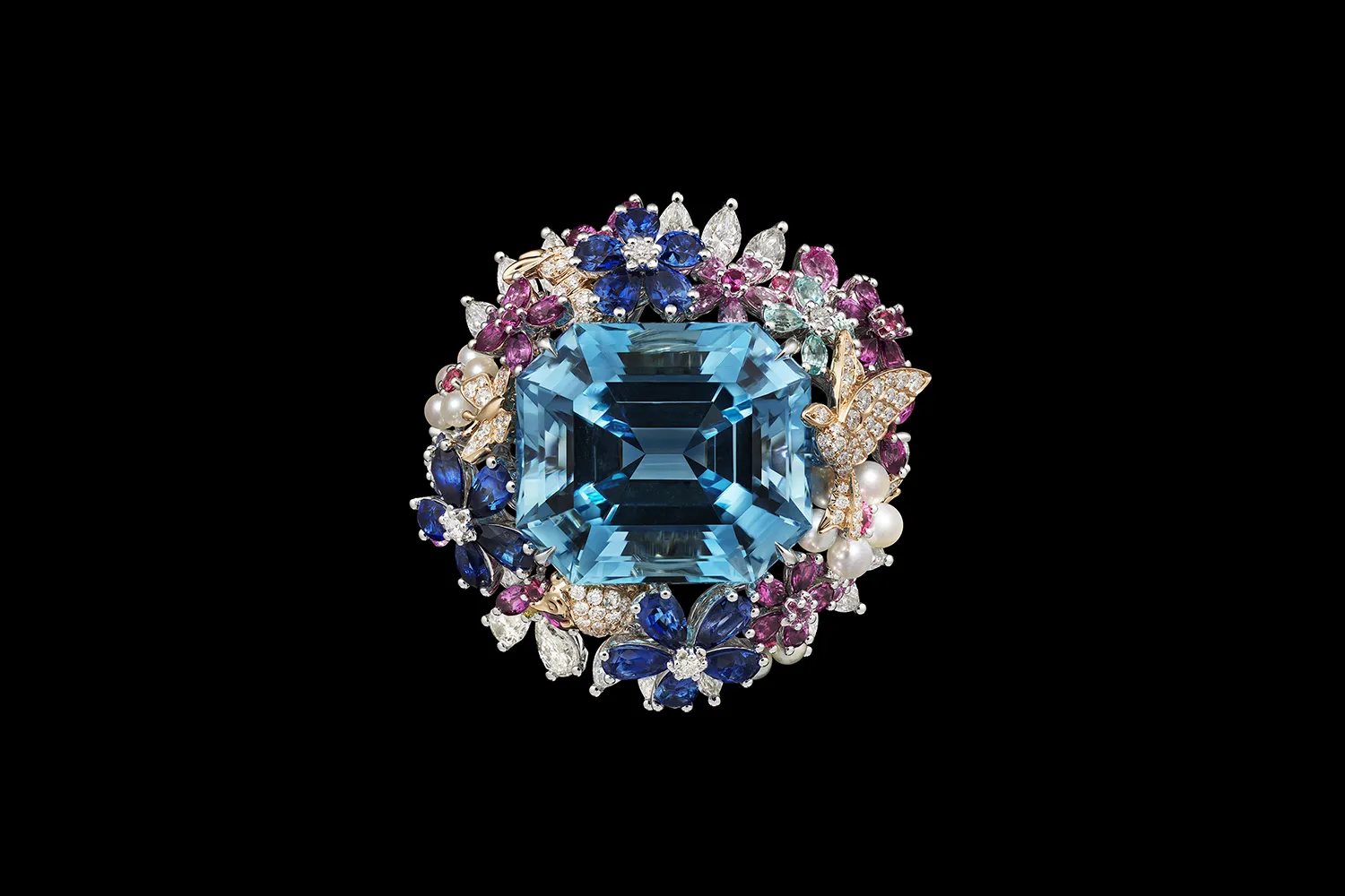 A large aquamarine, diamond, pearl and coloured gemstone cocktail ring from the Diorexquis High Jewellery collection
