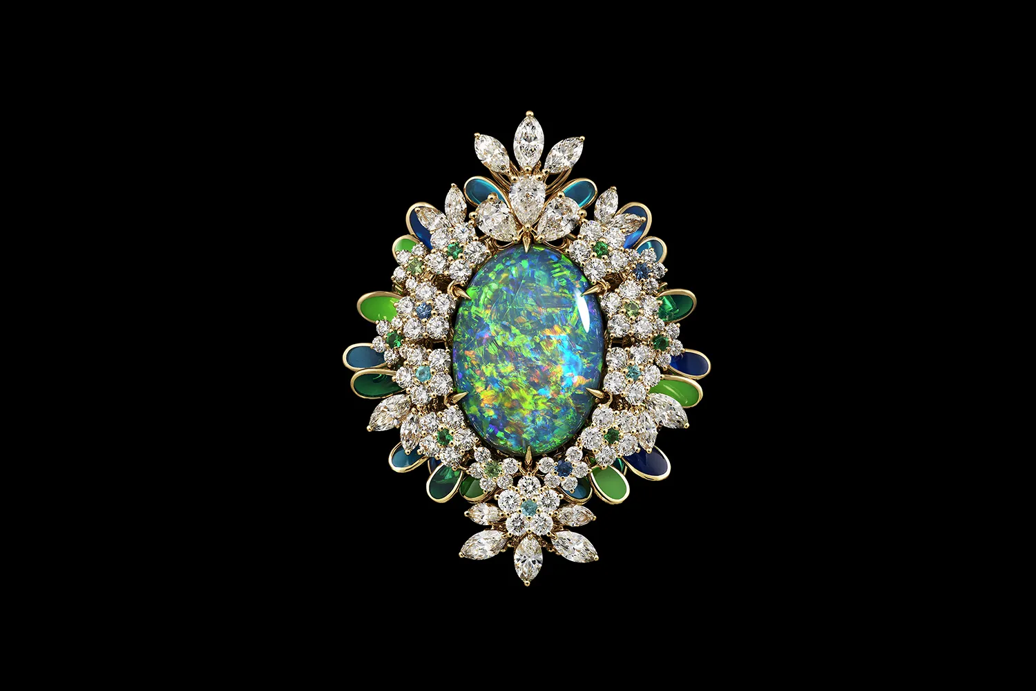 A brooch-pendant from the Diorexquis High Jewellery collection with an oval-shaped opal surrounded by diamonds and coloured gemstones 