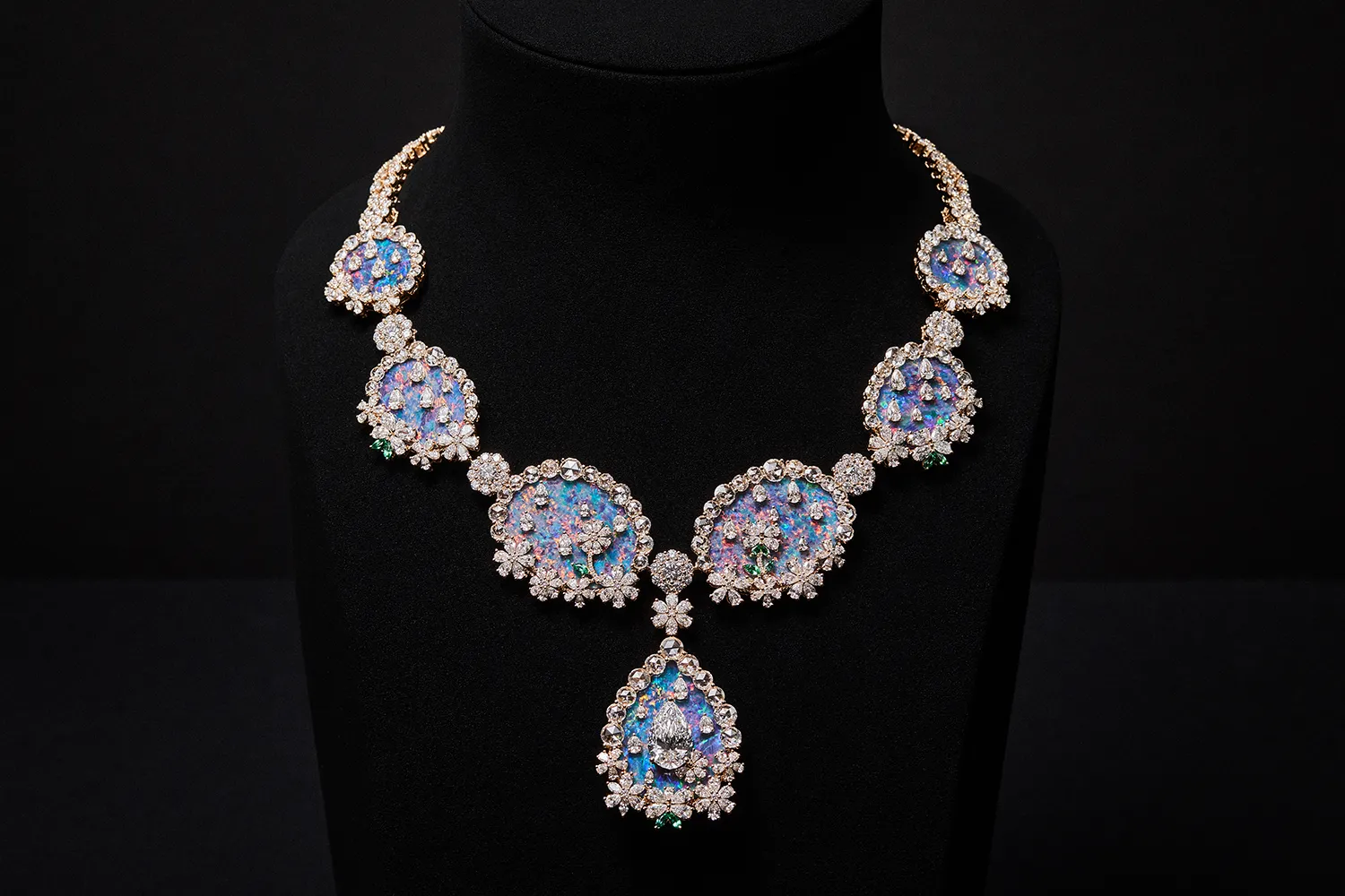 Diorexquis Nature Precieuse High Jewellery necklace with a large pear-shaped diamond and further diamonds inlaid into precious opal. Photo credit Piotr Stoklosa