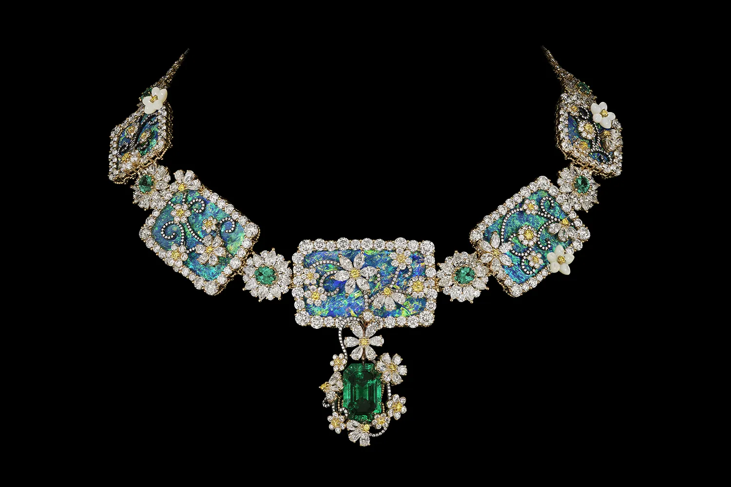 An opal, diamond and coloured gemstone necklace from the Diorexquis High Jewellery collection by Victoire de Castellane with a detachable emerald drop