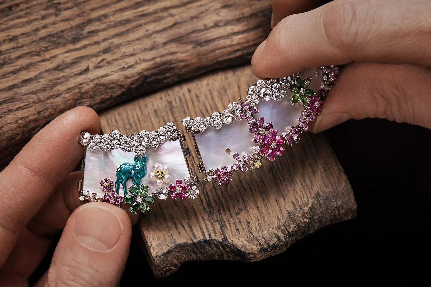 Mother of pearl elements combine to create a fairytale-inspired scene in the Diorexquis Foret Nacrée High Jewellery necklace. Photo credit Piotr Stoklosa