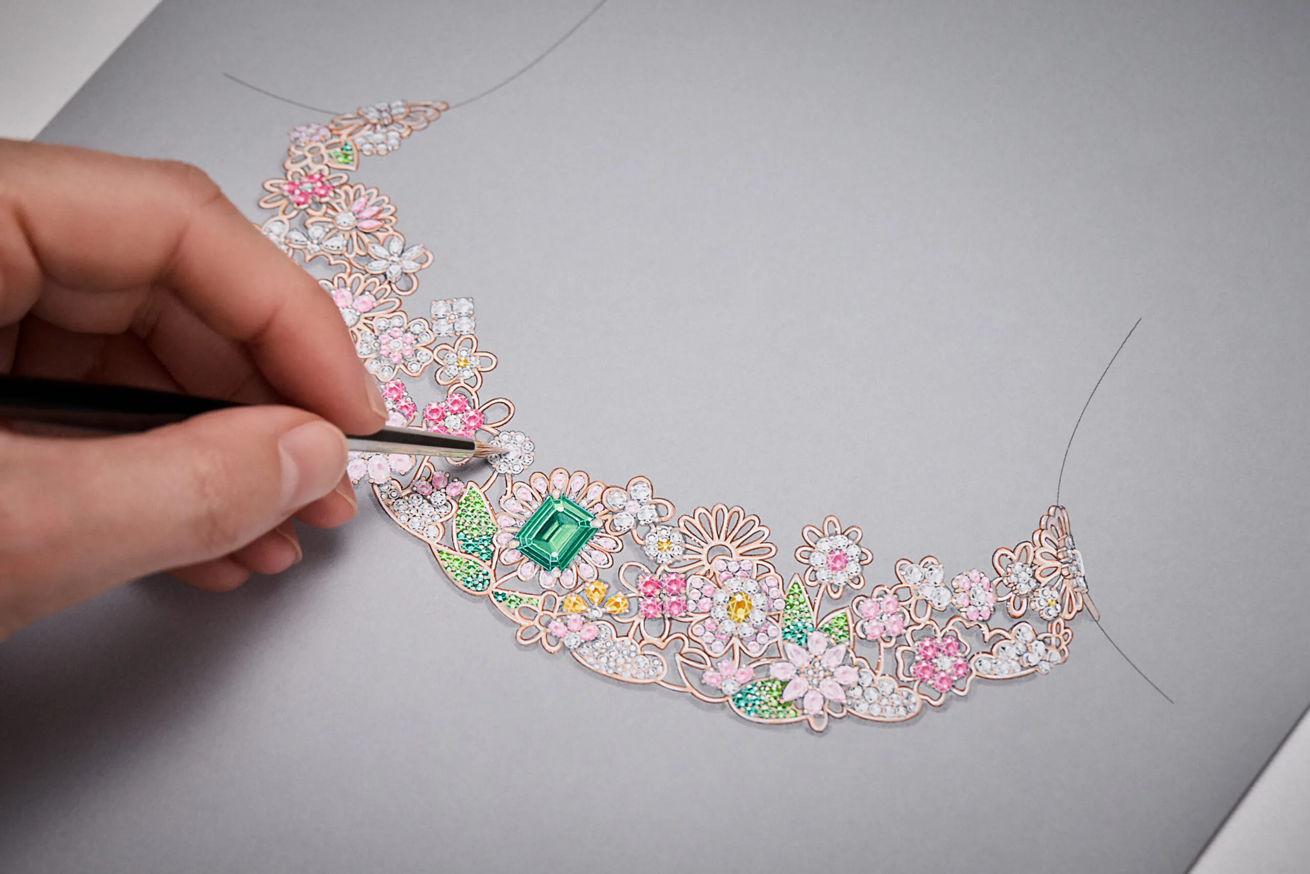 An original sketch of the Manege Fleuri necklace from the Dior Milly Dentelle High Jewellery collection, which features doodle-like flowers on a fine 18k rose gold openwork frame. Photo credit Piotr Stoklosa