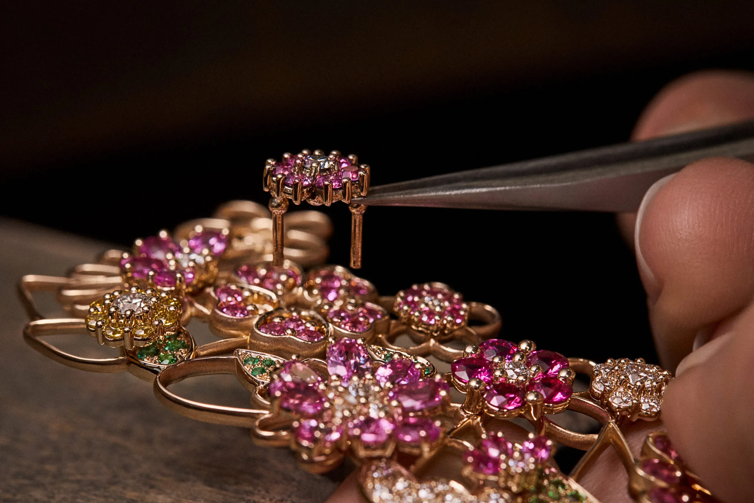 Adding pink sapphire blooms to the Manege Fleuri necklace from the Dior Milly Dentelle High Jewellery collection. Photo credit Piotr Stoklosa