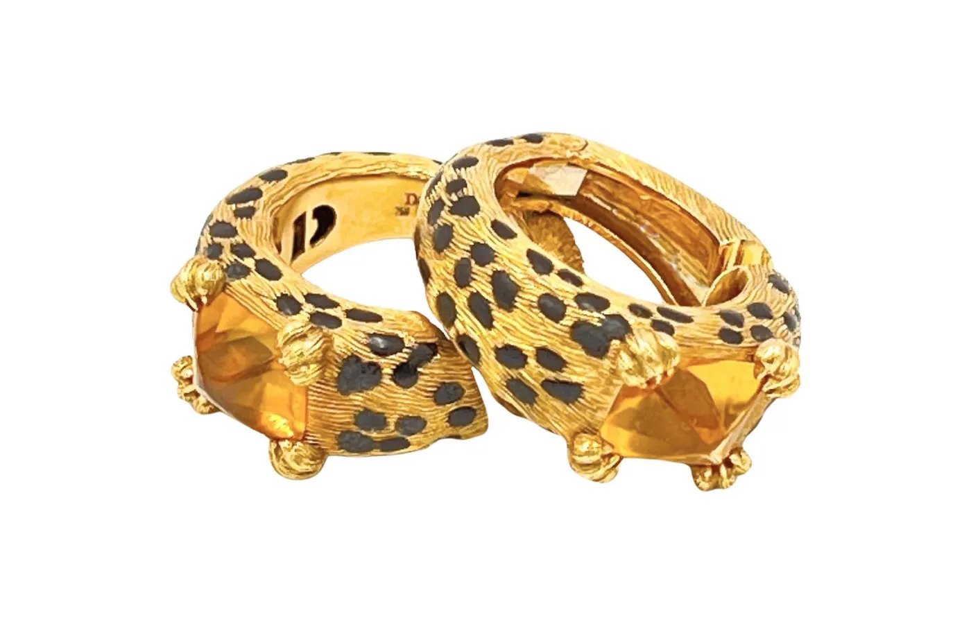 Vintage 1990s Christian Dior Leopard ear clips, set with sugarloaf cabochon citrines in 18ct yellow gold. Available at 1stdibs.com.