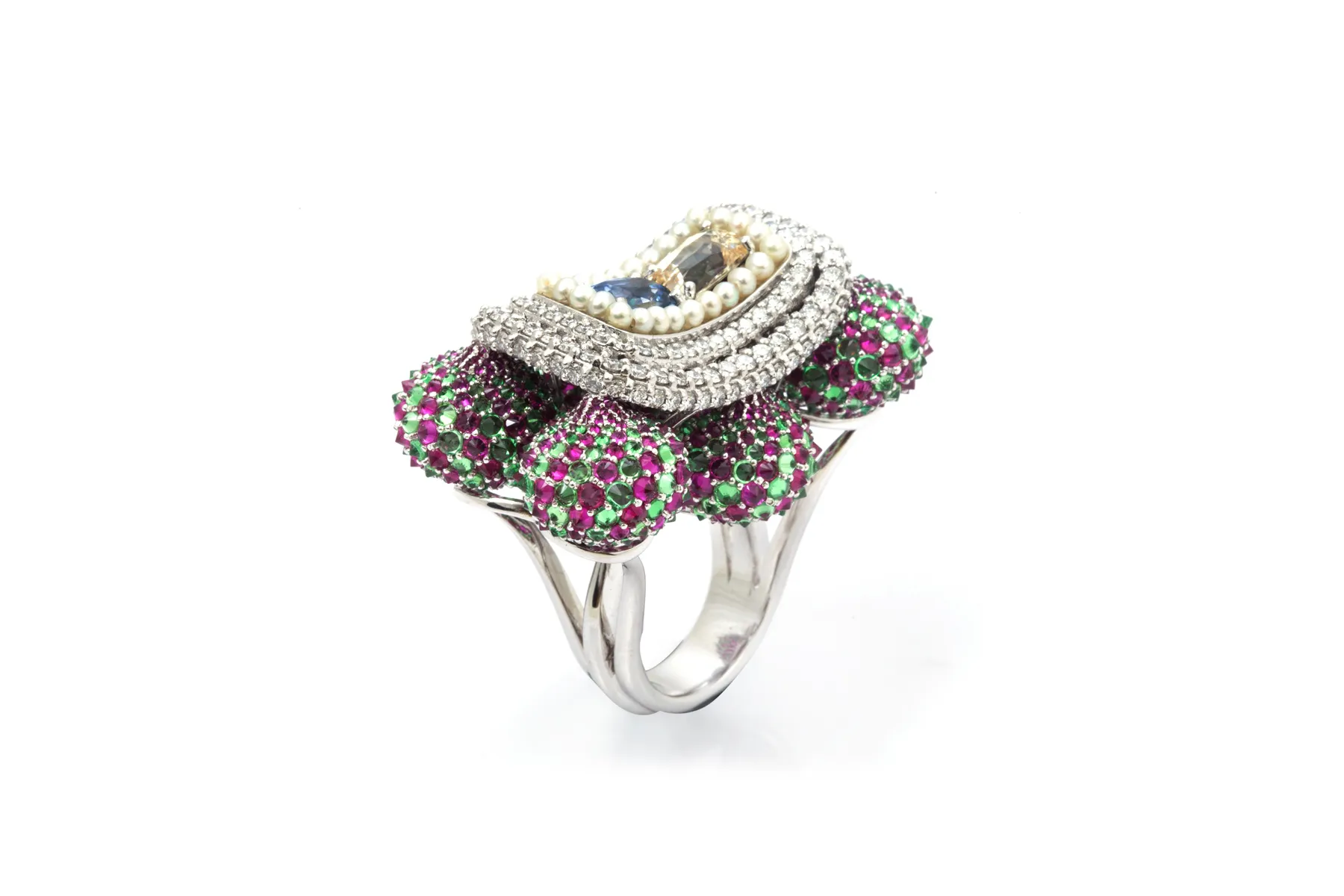 <p>D&#8217;joya &#8216;Red Square&#8217; ring with rubies, tsavorites, natural saltwater pearls, sapphires and diamonds</p>
