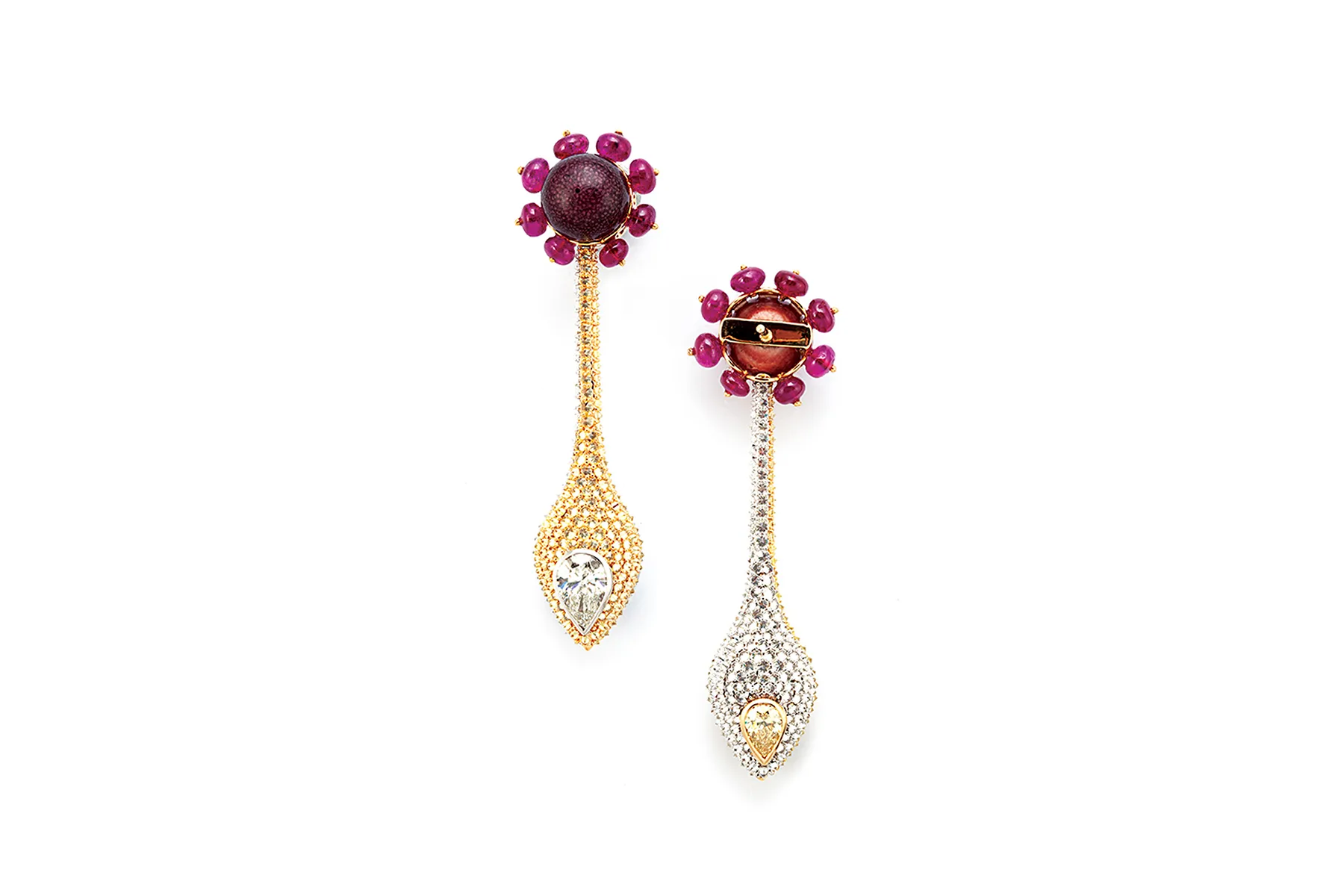 <p>D&#8217;joya &#8216;Weaver&#8217;s Nest&#8217; earrings with ruby beads, colourless and yellow diamonds and enamel</p>
