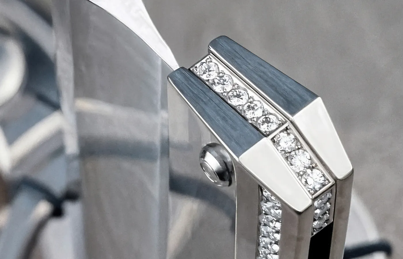 Close-up of the Dovo straight edge razor, set with diamonds