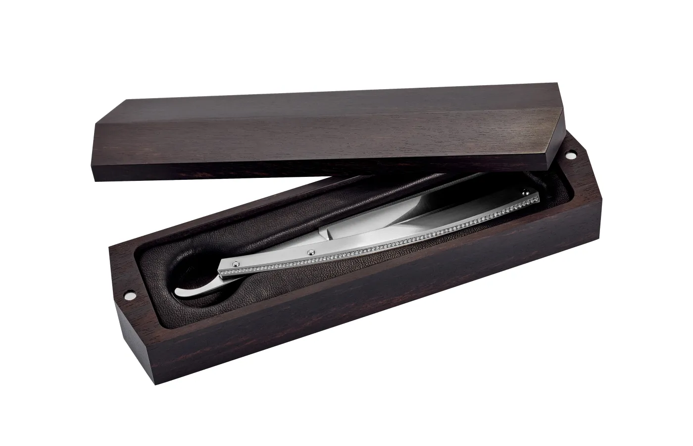 Dovo straight edge diamond razor, housed in an ebony wood box with leather lining